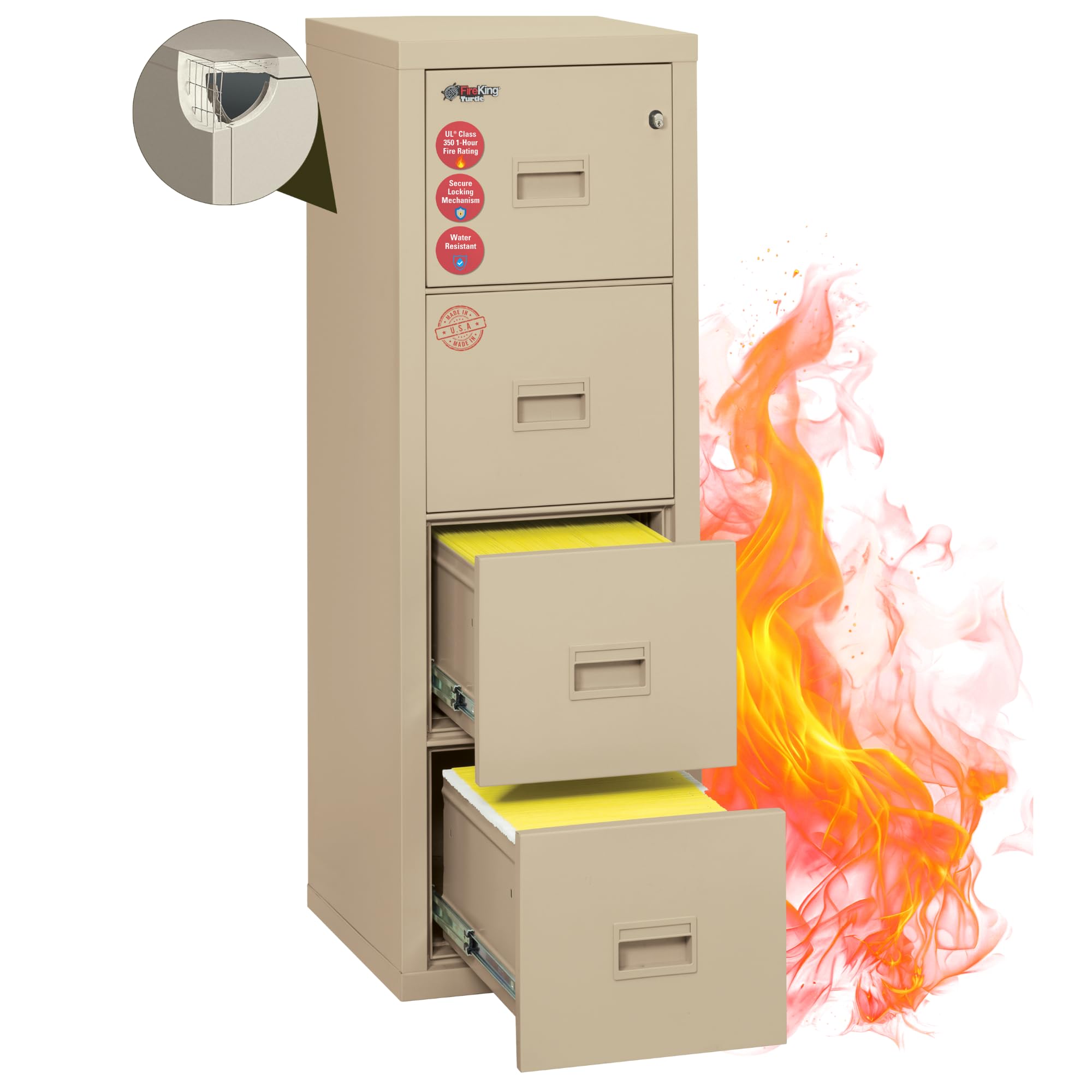 FireKing Turtle Vertical 4 Drawer Fire Rated File Cabinet, Parchment