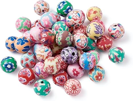 KISSITTY 200Pcs Handmade Colorful Flower Pattern Polymer Clay Round Ball Spacer Beads 10mm for DIY Craft Jewelry Making