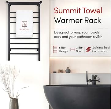 WarmlyYours Black Towel Warmers for Bathroom - Wall Mounted Black Heated Towel Rack with Shelf, 11 Bars Stainless Steel, 20x36 in. Electric Heating and Drying Rack, 120V Plug-in or Hardwired (Summit)