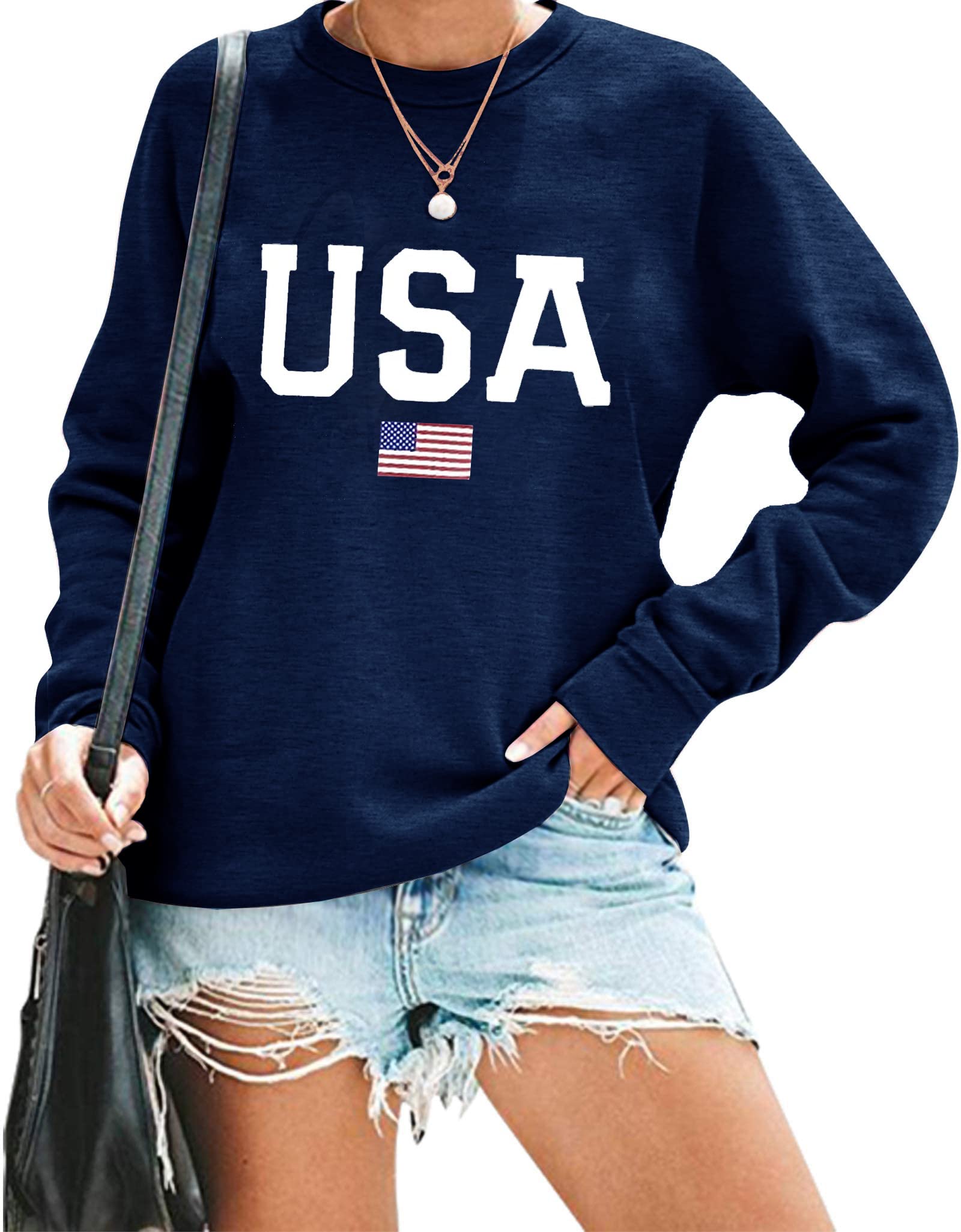 Oriental PearlUSA Flag Sweatshirt Womens 4th of July Memorial Day Gift Shirt Casual Long Sleeve American Proud Pullover Tops