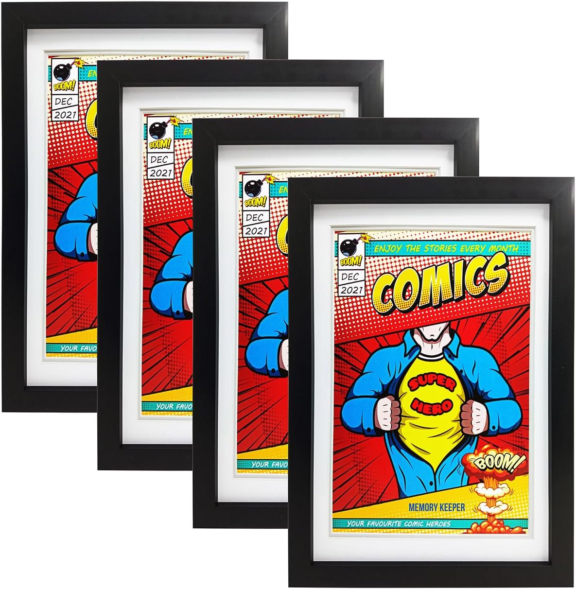 Comic Book Frame,2 Pack,UV Protection, Fits Current Comics up to 6 3/4" x 10 1/4", Fits with Comic Book Bags and Sleeves,Wall or Tabletop Display (Black Frame White Mat)