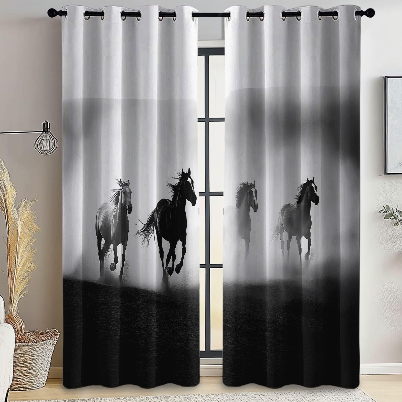 Translucida Cortinas Caballo Dinámico Poder Salon Paneles con Ojales Blanco y Negro para Sala Cuarto Comedor Salon Cocina Habitación 117An x 138Al cm (2 Paneles)