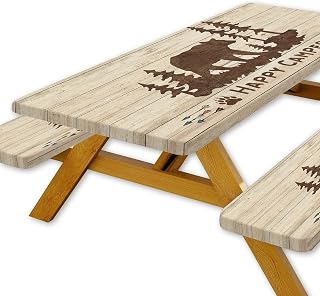 JAWO Picnic Table Cover with Bench Covers, Rustic Bear Camping RV Essentials Gear Supplies Outdoor Waterproof Windproof Tablecloth with Elastic, 72in, Brown