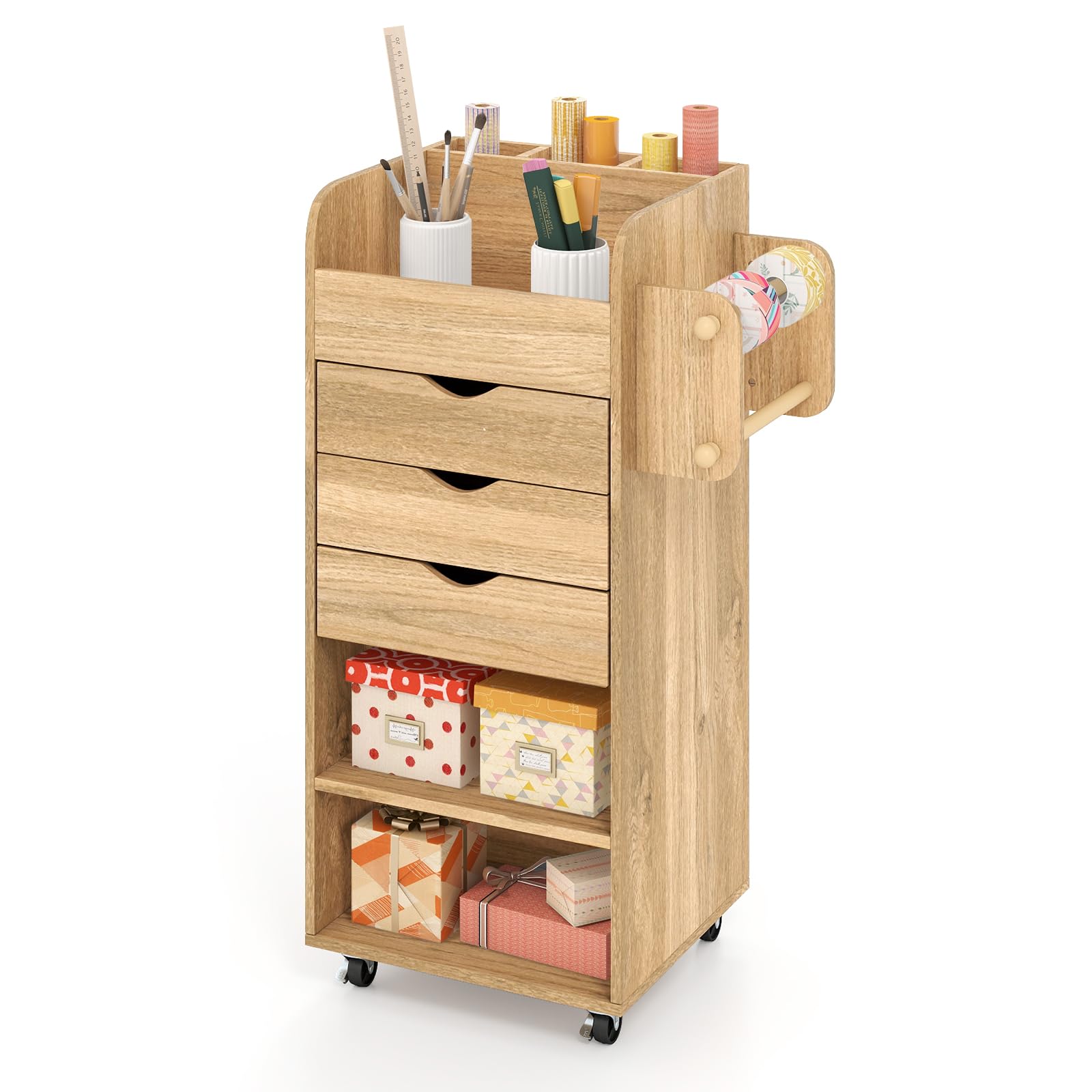 GOPLUS Caisson de Bureau, Meuble de Rangement à Roulettes avec 3 Tiroirs, 2 Compartiments Ouverts et Large Comptoir, Roulettes Universelles avec Freins, 2 Barres Pratiques (Naturel)