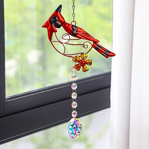 Miniatura 9 de Atrapasoles cardenales de metal manchado de 13 pulgadas de largo, diseño de arco iris, adorno colgante de ventana, cristales prisma, atrapasoles de