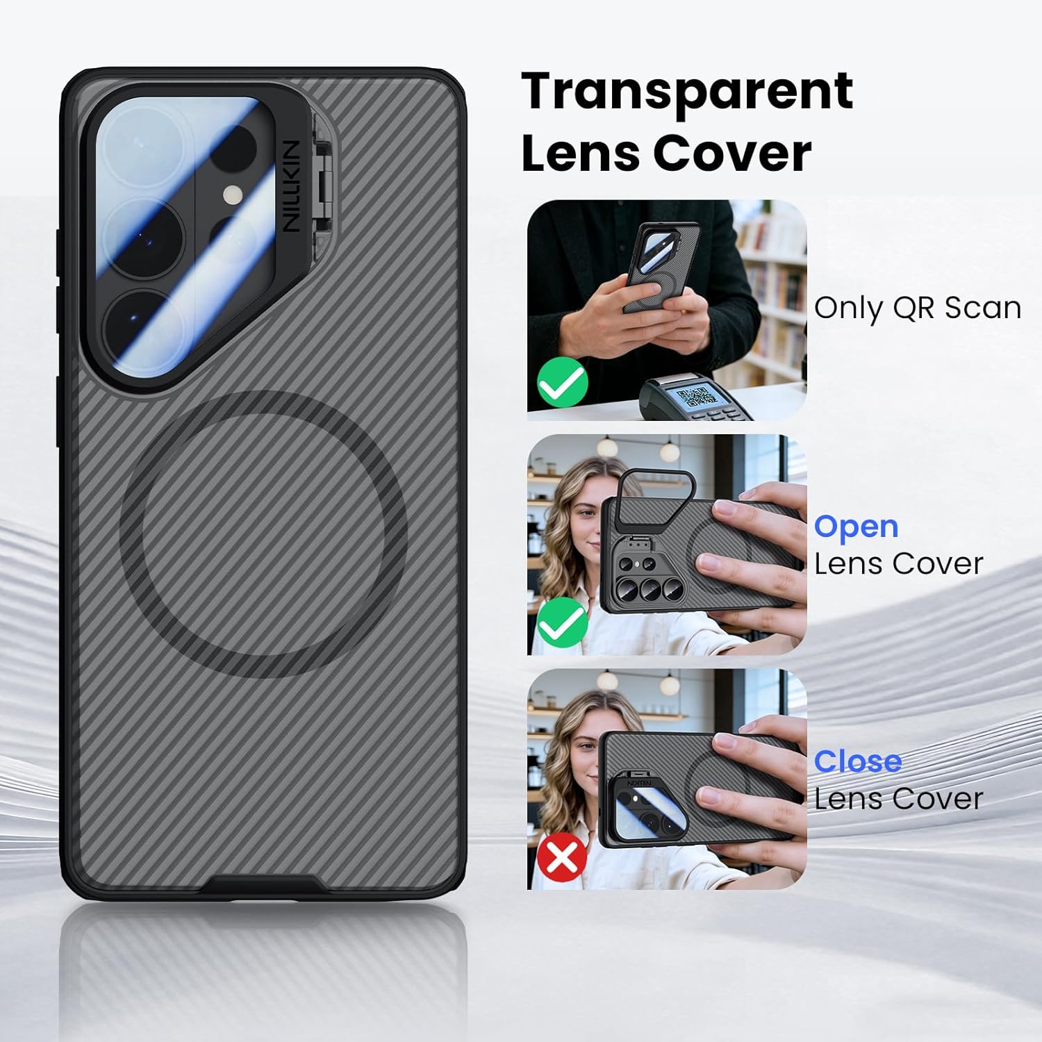 Nillkin for Samsung Galaxy S26 Ultra Case with Camera Cover Stand, Compatible with MagSafe, Adjustable Kickstand, Full Camera Protection, Shockproof Protective Case for S26 Ultra, Translucent Black