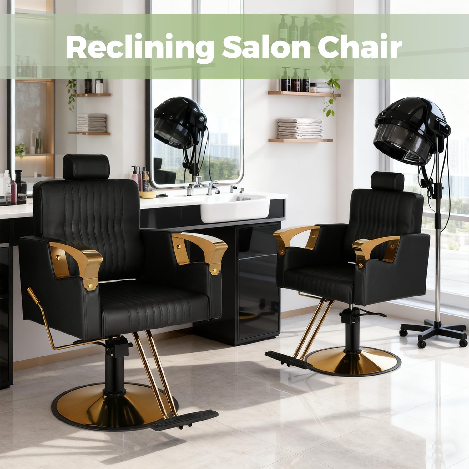 Black Reclining Salon Barber Chair with Hydraulic Pump, Adjustable Headrest, Hair Chair for Hair Stylist Spa Shampoo Chair for Barbershop Home, Beauty Salon, Spa or Tattoo Studio