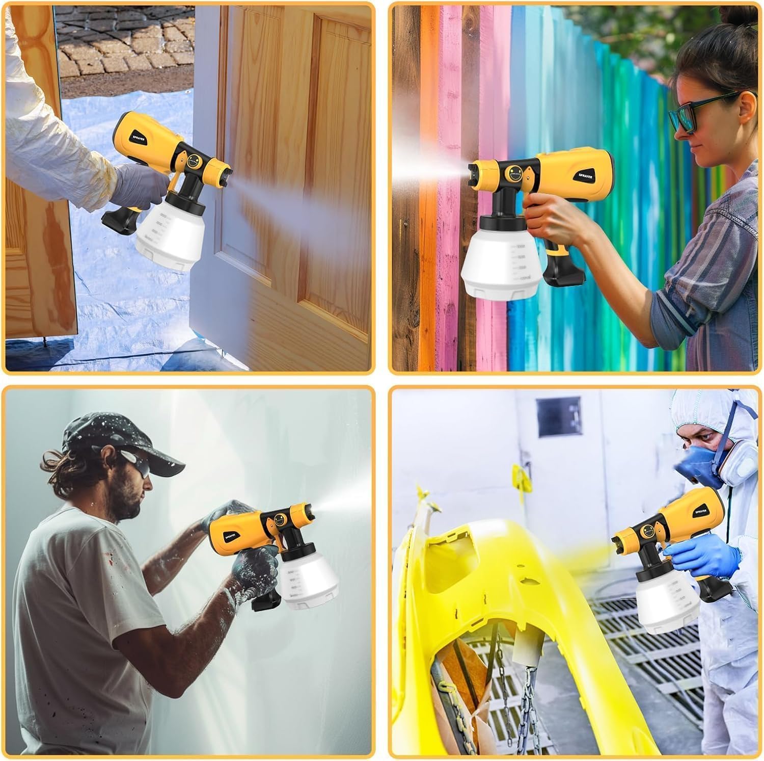Paint Sprayer 1000W High Power Electric Spray Paint Gun with Adjustable Spray Width Knob 4 Nozzles and 3 Patterns Easy to Clean for Furniture Home Interior House Painting Yellow