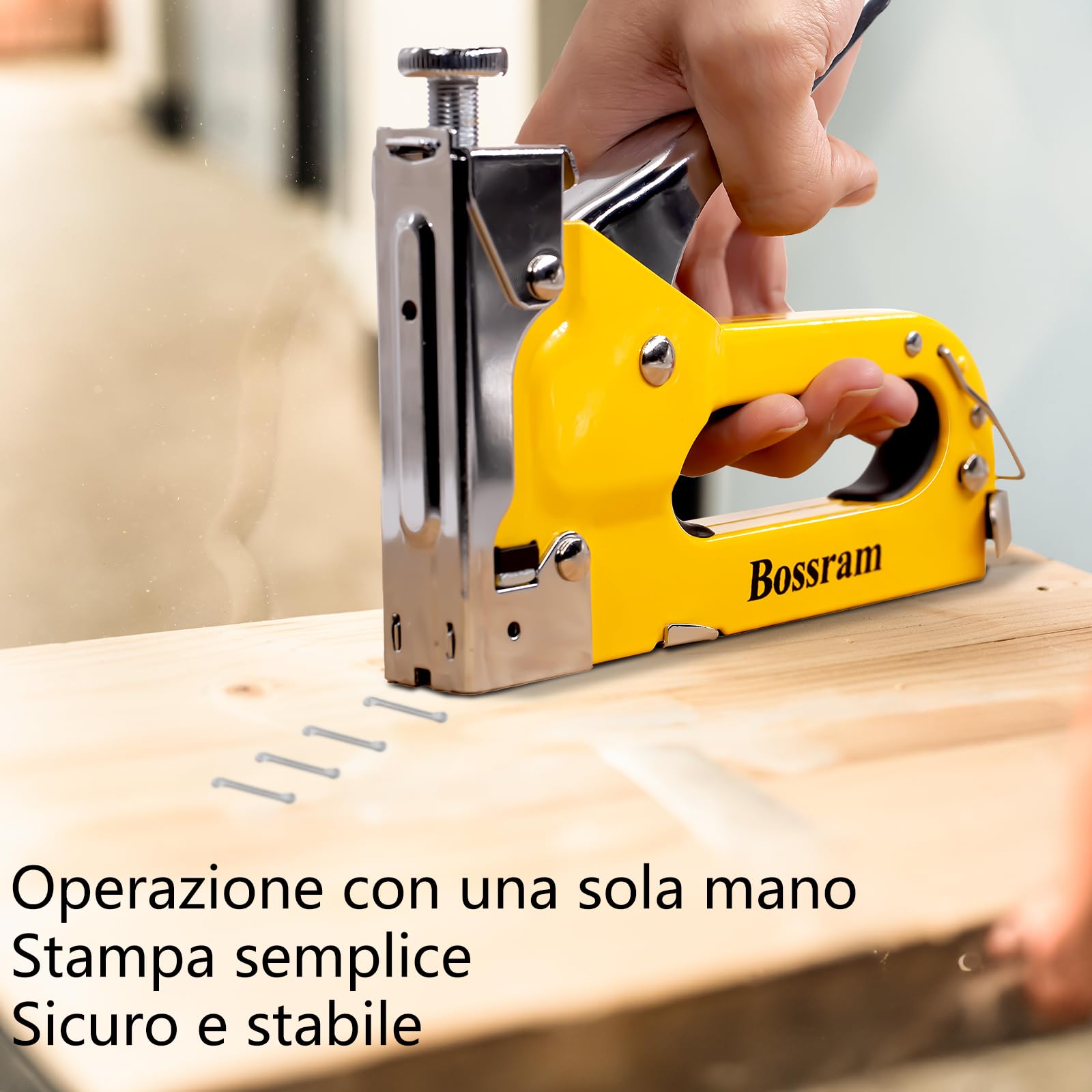Tutee 3 In 1 Hand Staple Set Graffettatrice Per Legno，Scatola 300 Chiodi，Adatto Per Decorazioni Di Interni, Decorazioni Per La Casa, Materiali Di Fissaggio, Spillatrice Per Legno (Giallo)