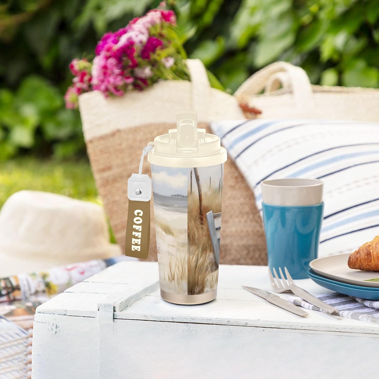 Rustic Boat Beach Insulated Coffee Mug with Straw & Flip Lid, 16.9oz Iced Tumbler Cup, Double Wall Vacuum Mug for Travel Office