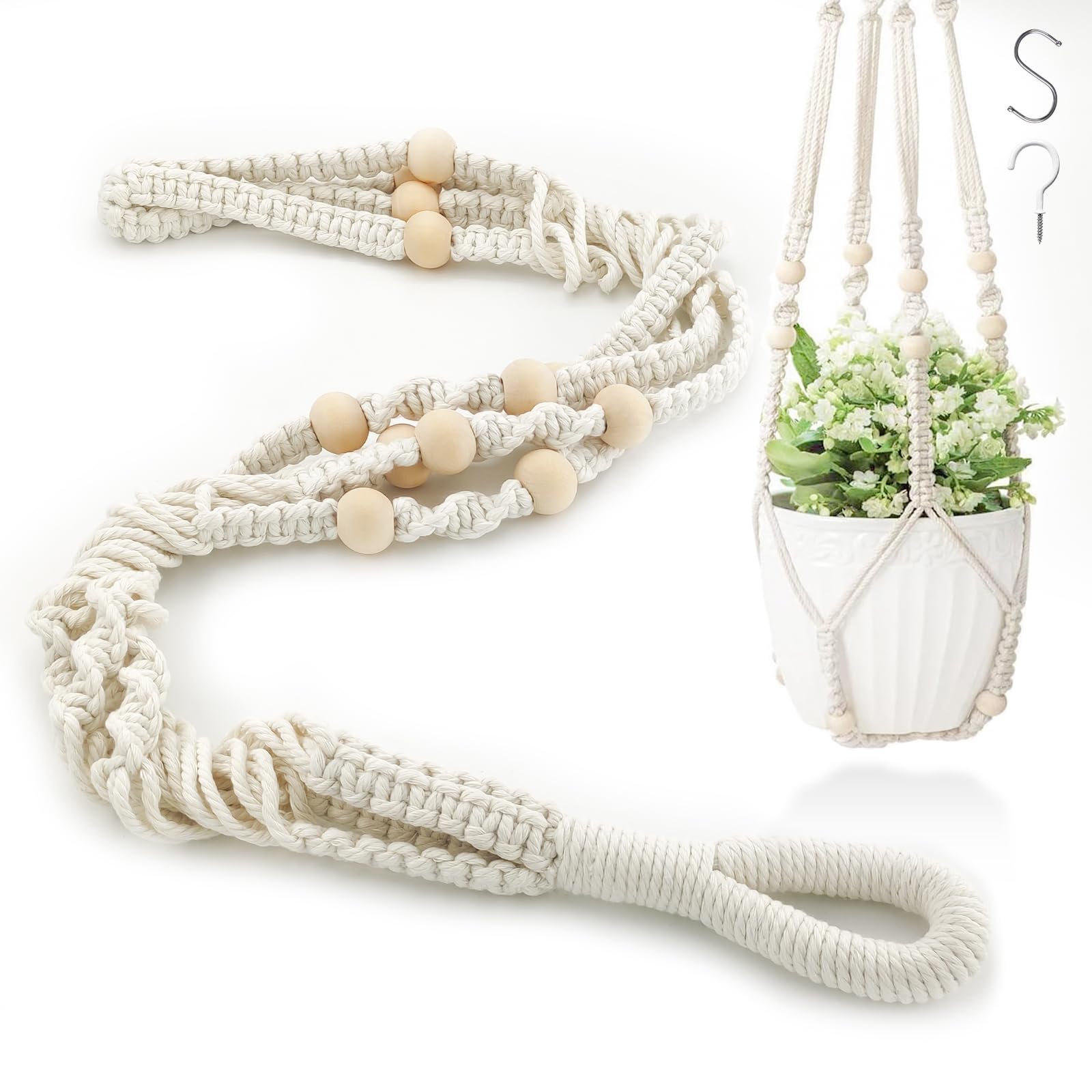 xiaoxiaozhijia Cesta de Cuerda de Algodón,Macetas Colgante para Plantas,Colgador de Macetas de Interior con Gancho para Decoración de Salón,Exterior,Balcón,Ventana,Pared(Beige-Beads)