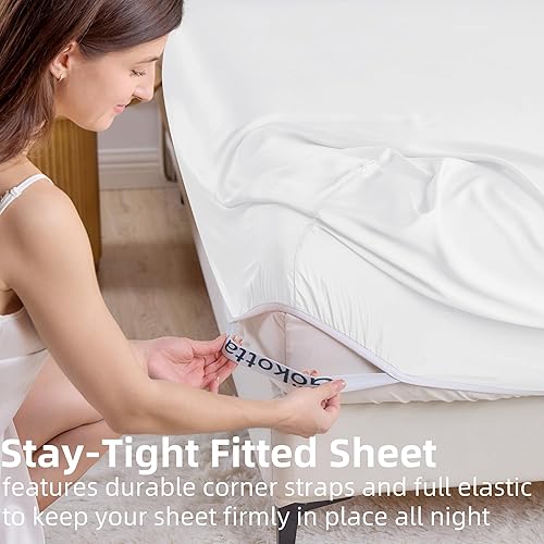 Miniatura 3 de GOKOTTA Sábana bajera ajustable de bambú y fundas de almohada, sábana bajera súper suave y refrescante con 4 correas elásticas en las esquinas,