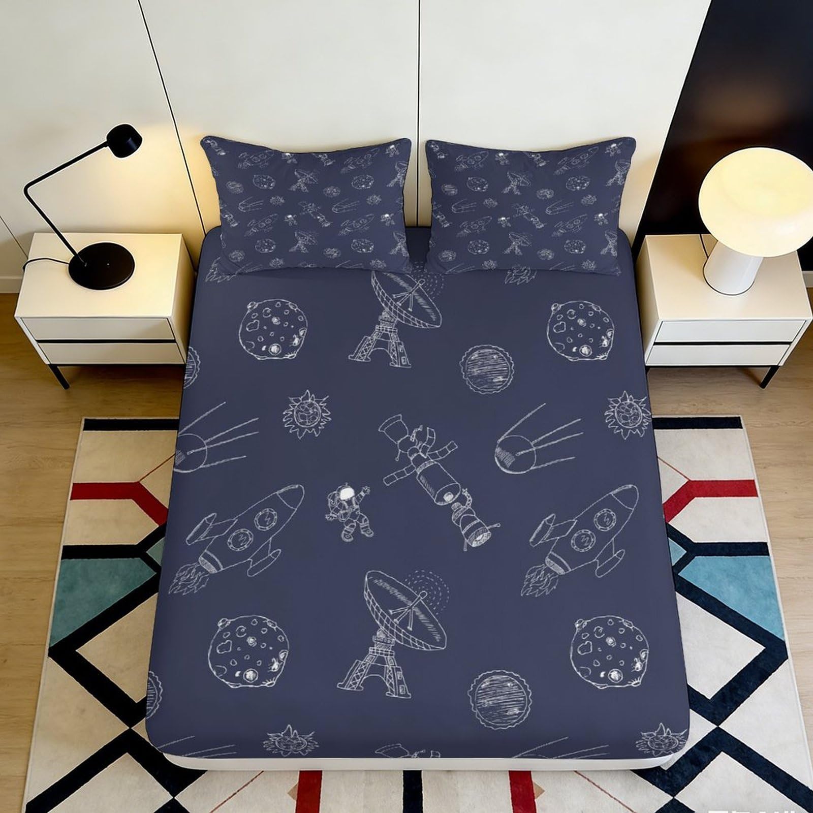 3D Printed Space Planet Fitted Sheet Microfiber Bedroom Bedding Deep Pocket Non-Slip Space Mattress Fitted Cover Full Wrap Washable Adult Teen 200x200x25cm 90x200x25cm