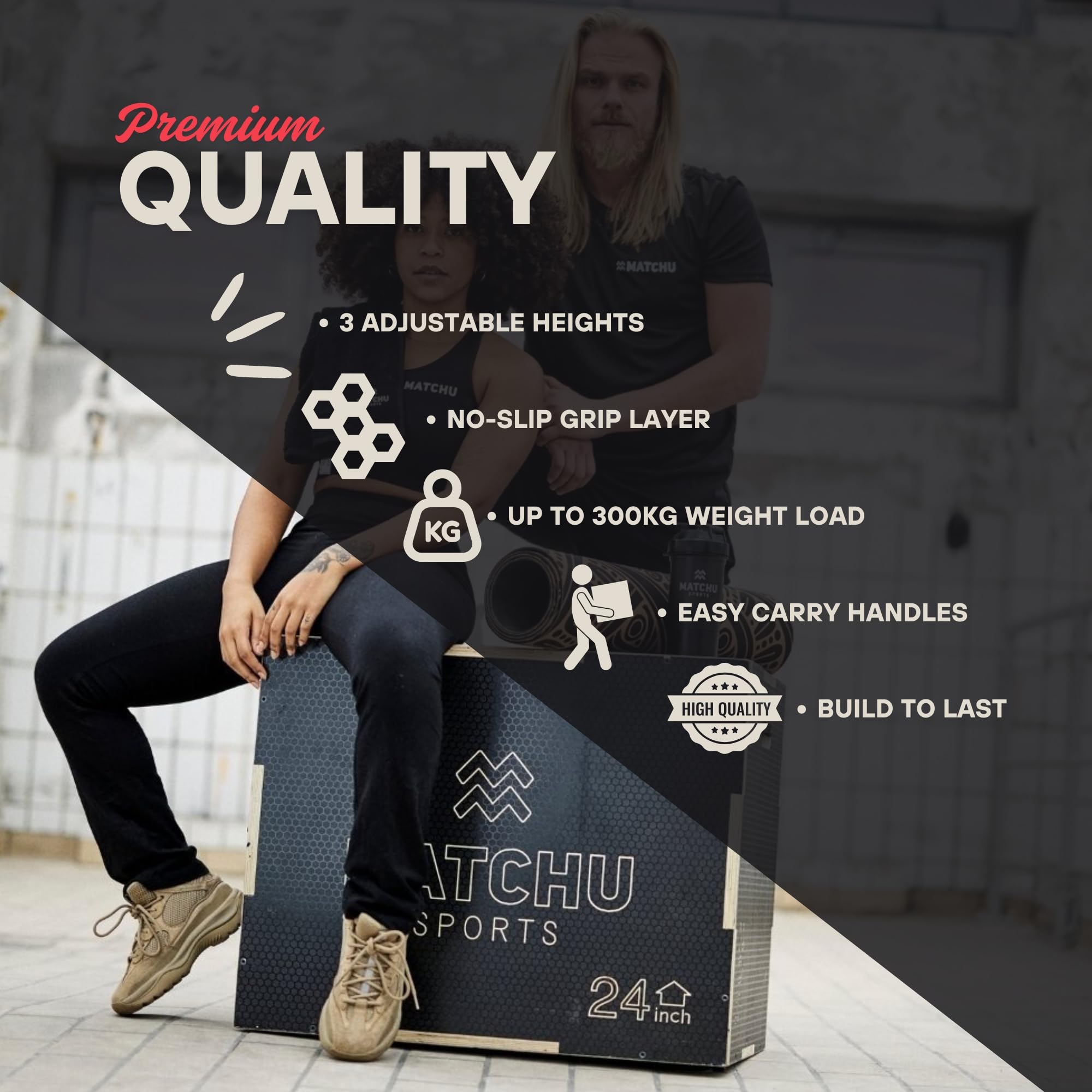 MATCHU - Cajón Pliometrico - Ajustable - Superficie Antideslizante - Capacidad de Carga hasta 300 KG - Fácilmente transportable - Madera - Negro