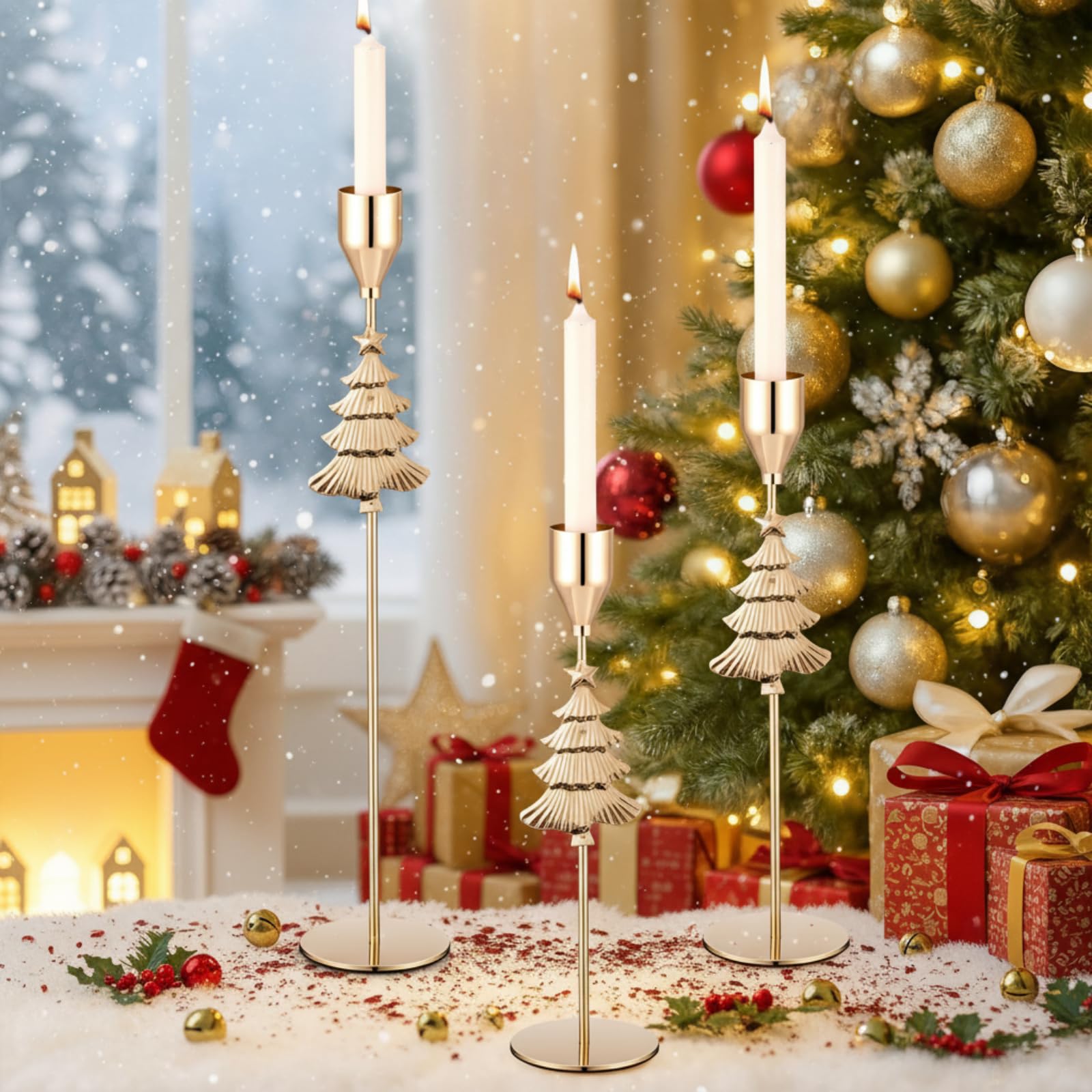 Ziliny 6 portavelas de metal dorado para árbol de Navidad, portavelas alto para Navidad, boda, inauguración de la casa, mesa de repisa, centro de mesa decorativo, 3 tamaños
