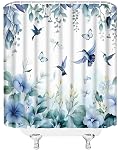 Hummingbird Fleur Feuille Douche Rideau Bleu Aquarelle Eucalyptus Feuilles Florale Papillon Nature Tissu de la plante Salle de bains Décor Rideau Sets avec crochets,70" Wx70 H