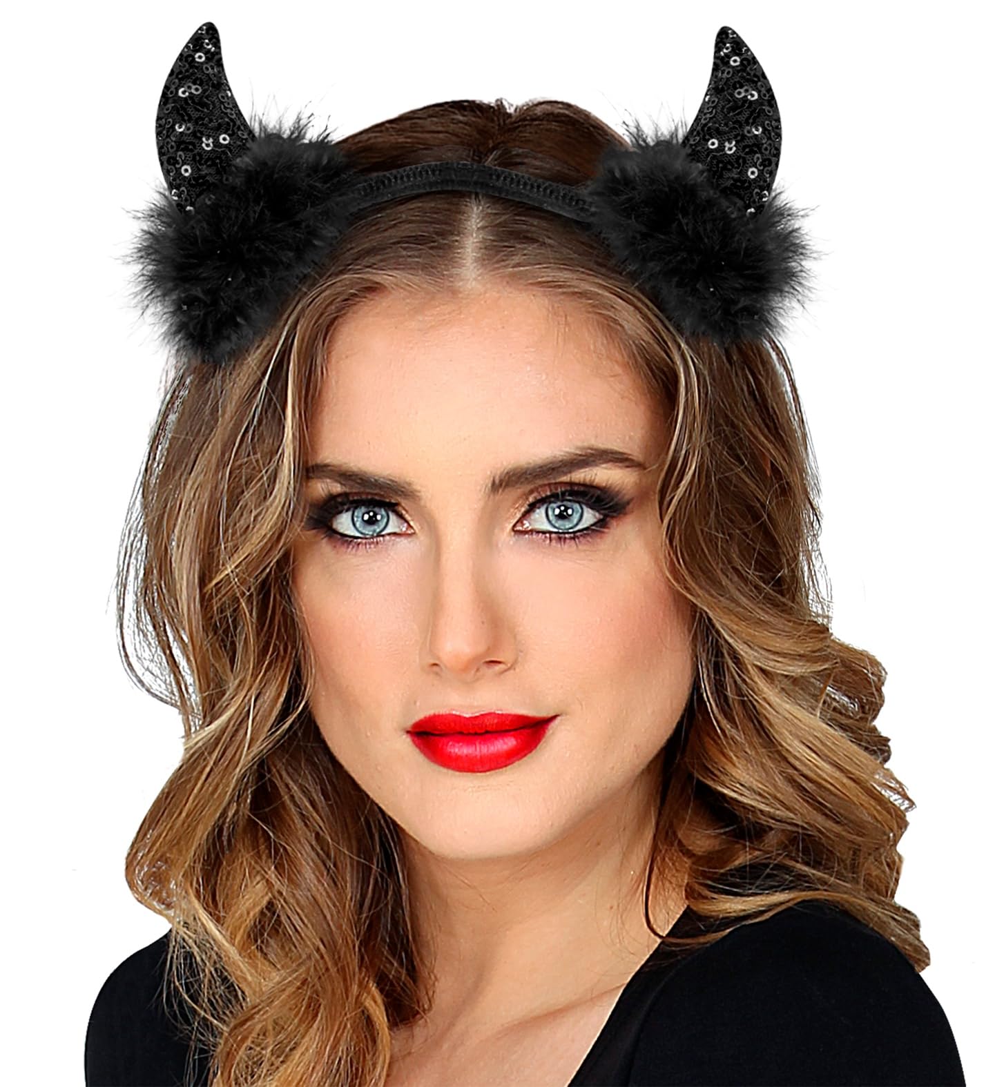 WIDMANN 03376 - Devil Horns Headband, Unisex Adult, with Sequins, with Feathers, Halloween, Costume Accessory, Carnival, Black Colour