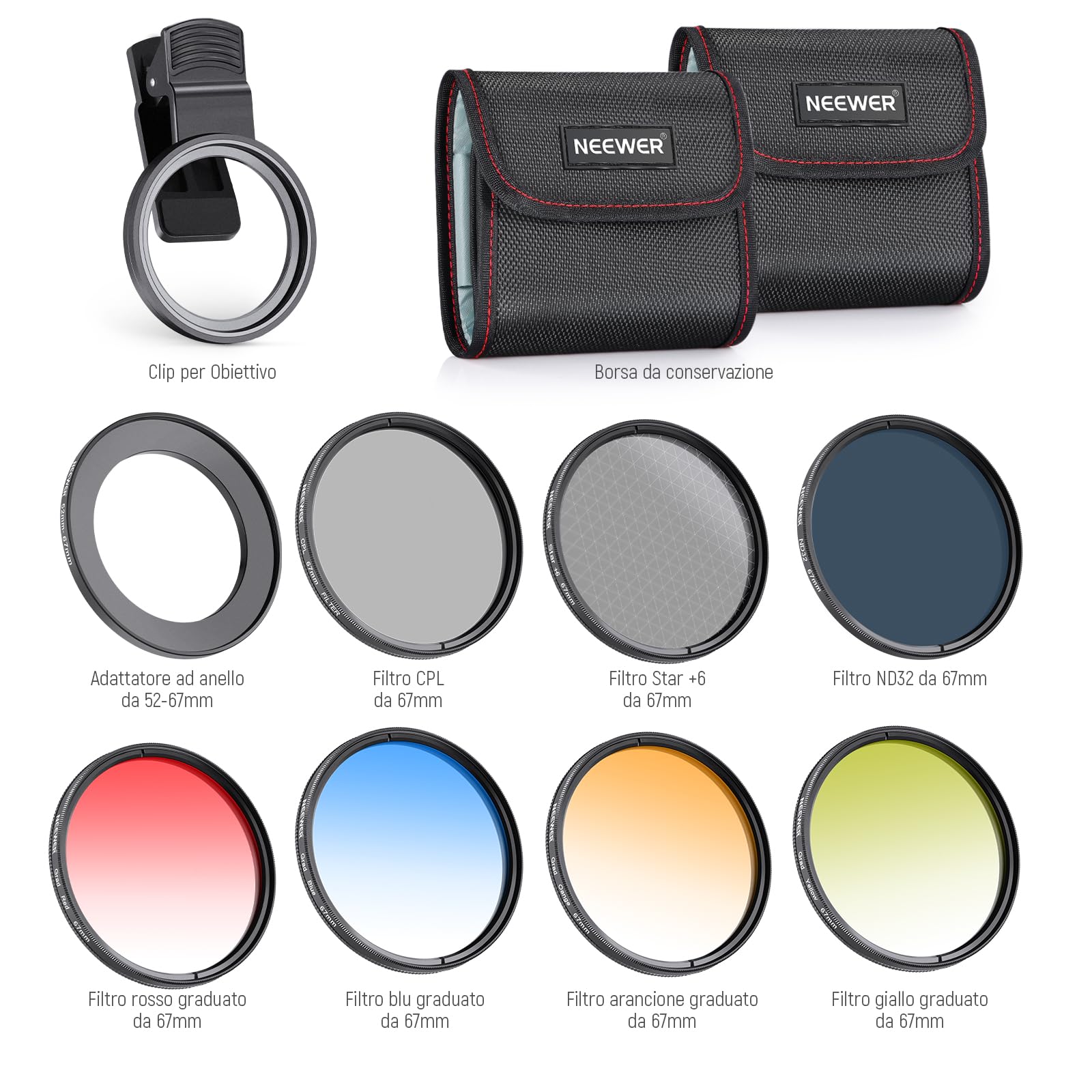 NEEWER Set di filtri ad effetto ND+CPL+67 mm con clip per obiettivo cellulare, filtro polarizzatore ND32, filtro a stella a 6 punti, 4 filtri a colori graduati, compatibili con iPhone 14 Pro Max 13 12