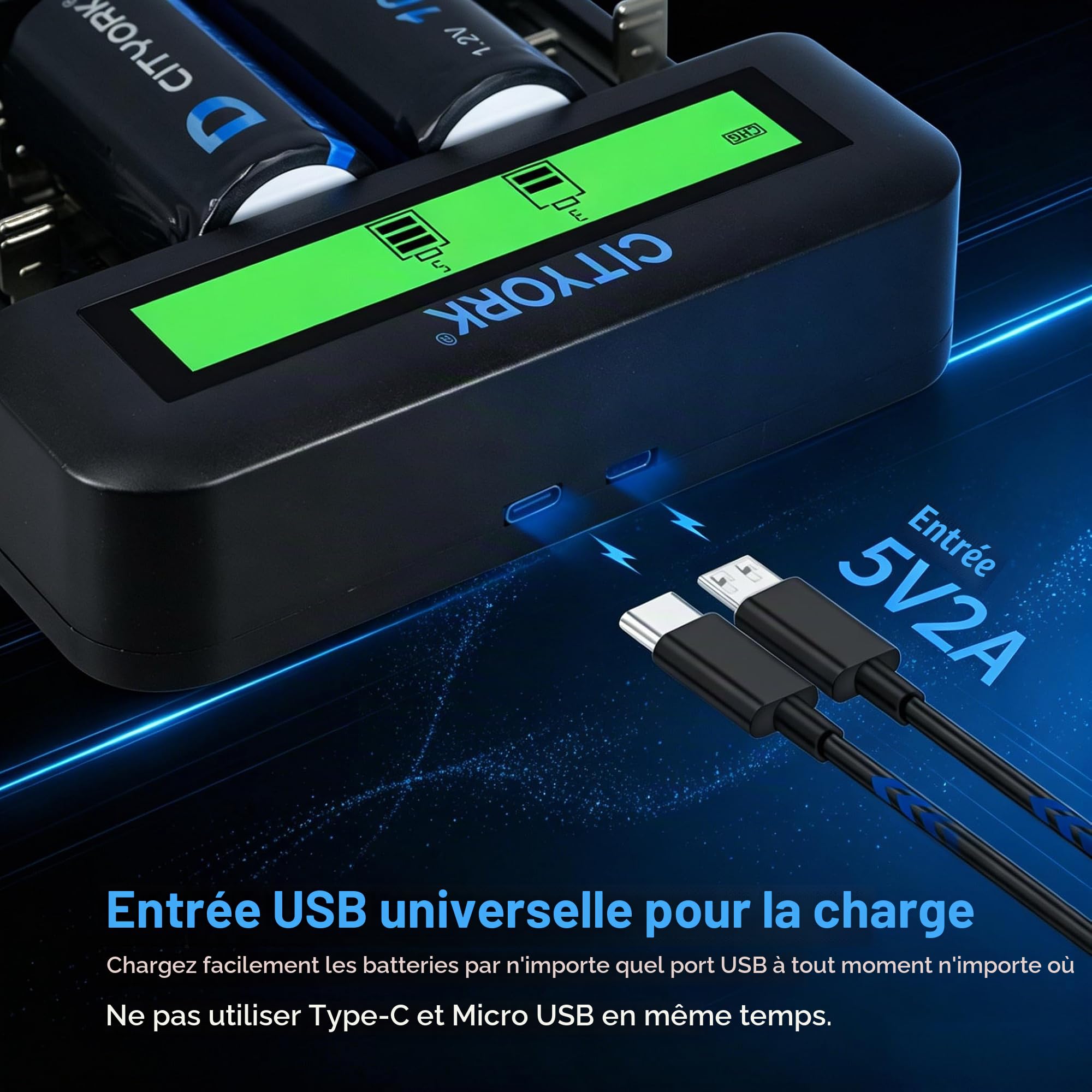 CITYORK Chargeur avec piles rechargeables D 10000 mAh 1,2 V Ni-MH, chargeur pour batterie AA/AAA/C/D, Lot de 6