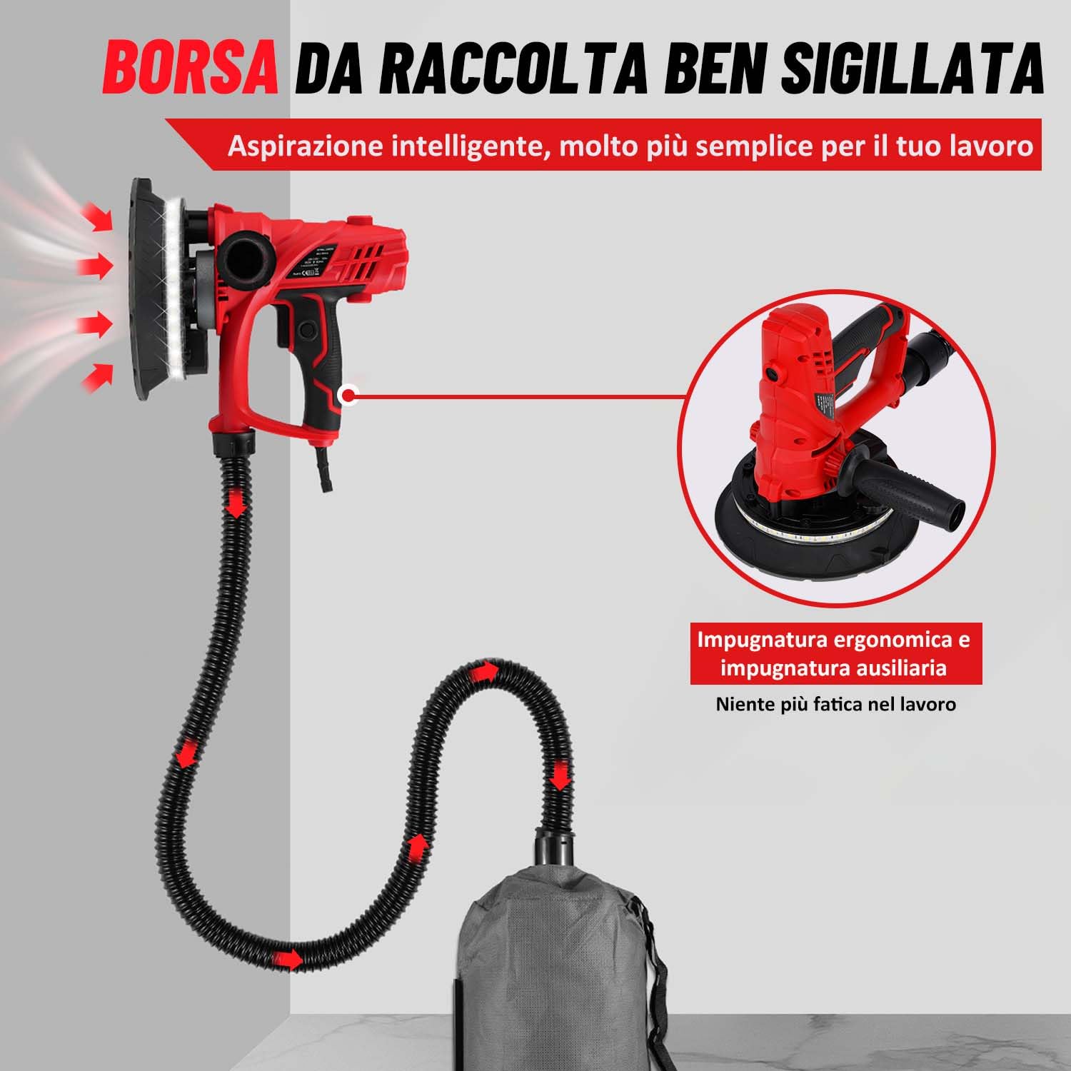 Geevorks Levigatrice per Muro, 850W Levigatrice a Secco Velocità Variabile 1500-2600 Giri al Minuto, Aspirazione Polvere Automatica con Luce a LED, Doppio Manico, Sacco di Raccolta e12 Dischi Abrasivi