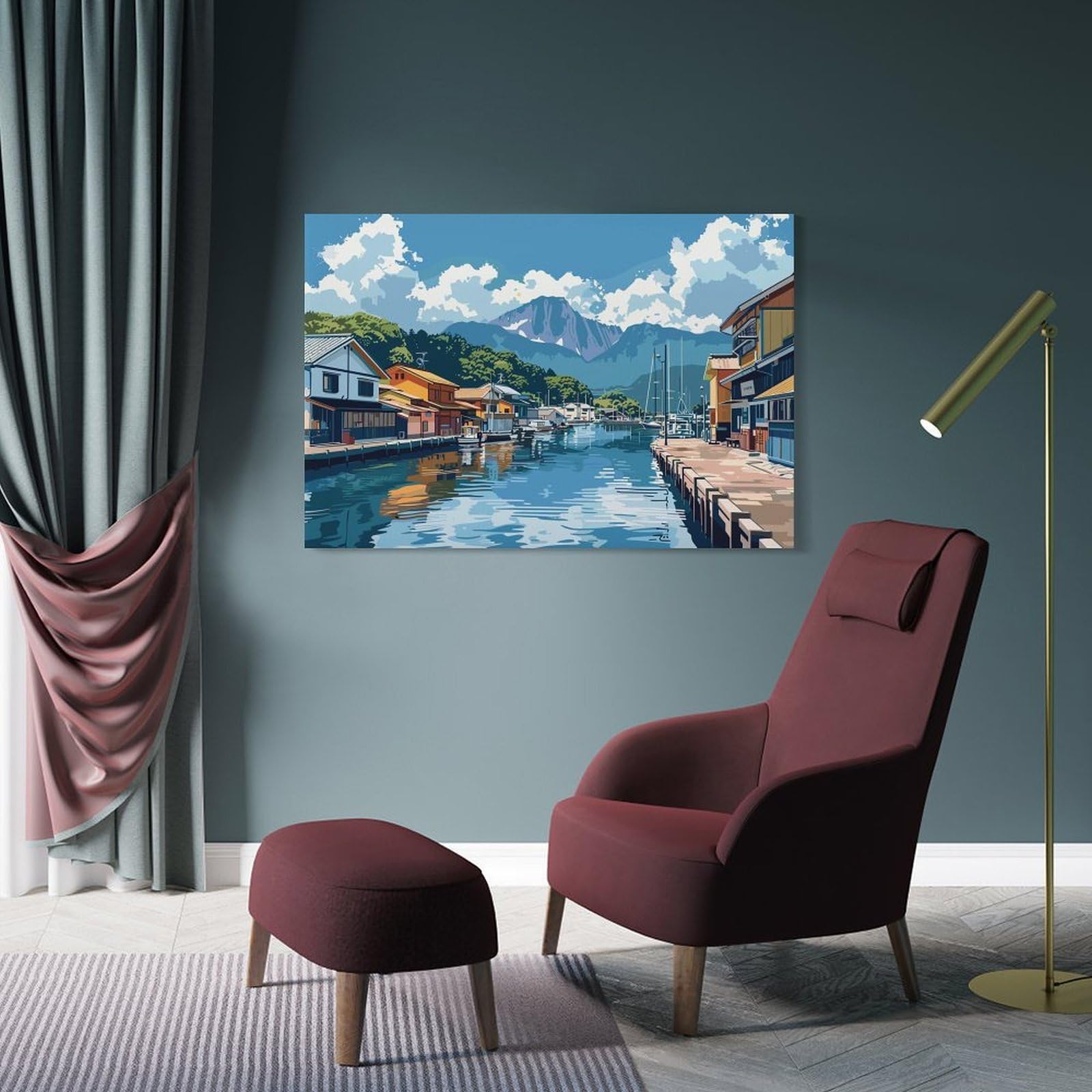 Junmoney Japanese Harbor Village Decorative Wall Artwork 24x36inch(60x90cm), for Living Room, Bedroom, Office Or Hallway, Decorative Artwork with Broad Appeal