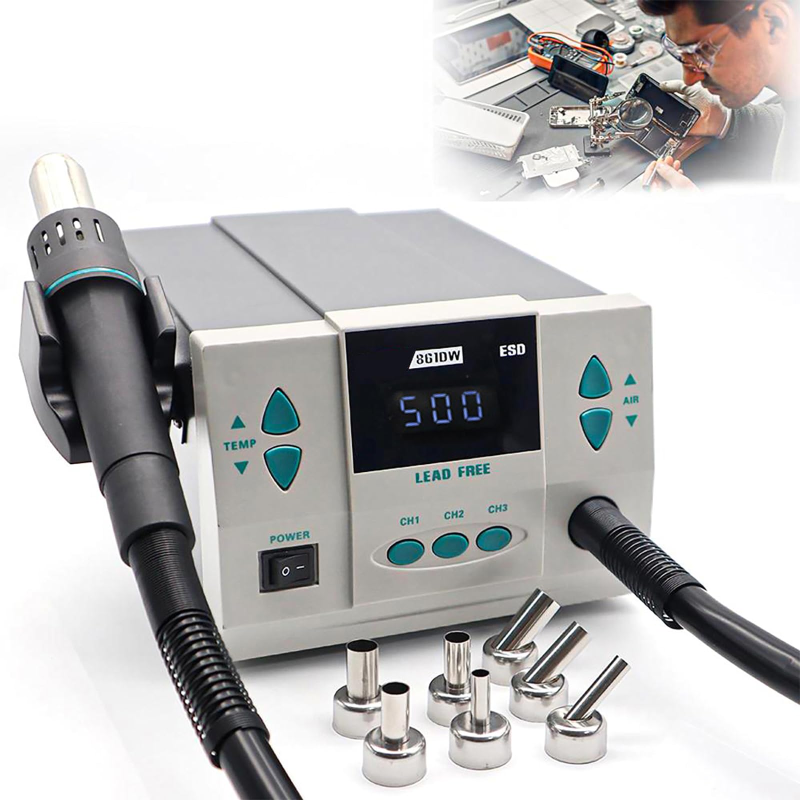 861DW Hot Air Rework Station, 110v 1000W Digital Display Automatic