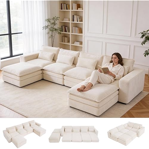 140" U Shape Modular Sectional Sofa with Ottoman, Boneless Couch Three-Layer Deep 4 Seat Convertible Pull Out Sleeper Sofa Bed for Living Room Apartment No Assembly 140" U-Beige