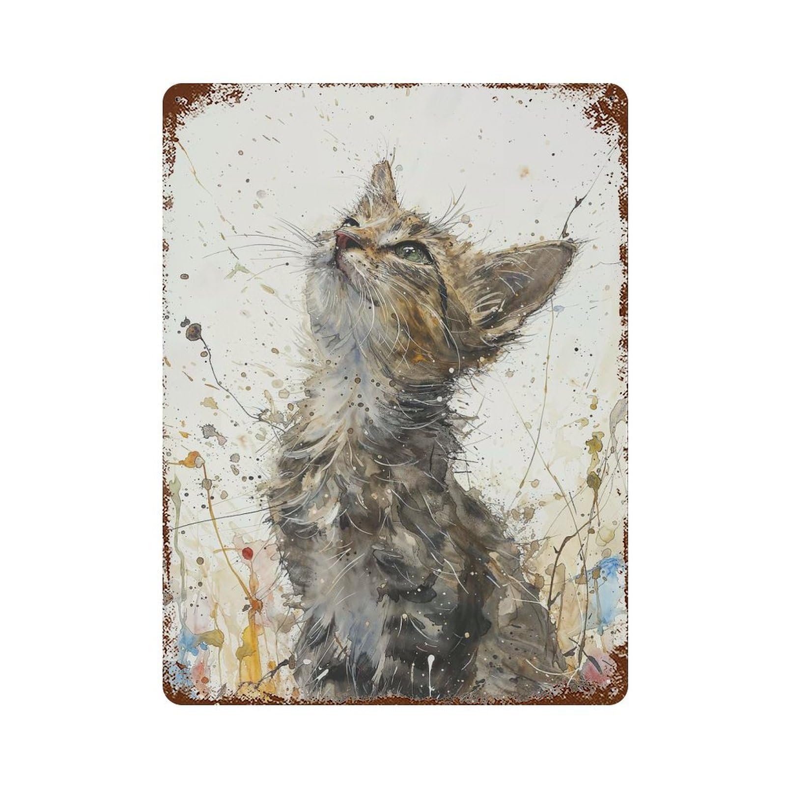 Upward Kitten Gaze Vintage Rust Metal Sign 15.7"x11.8", Classic Wall Plaque for Basement, Hobby Room And Garage Decor