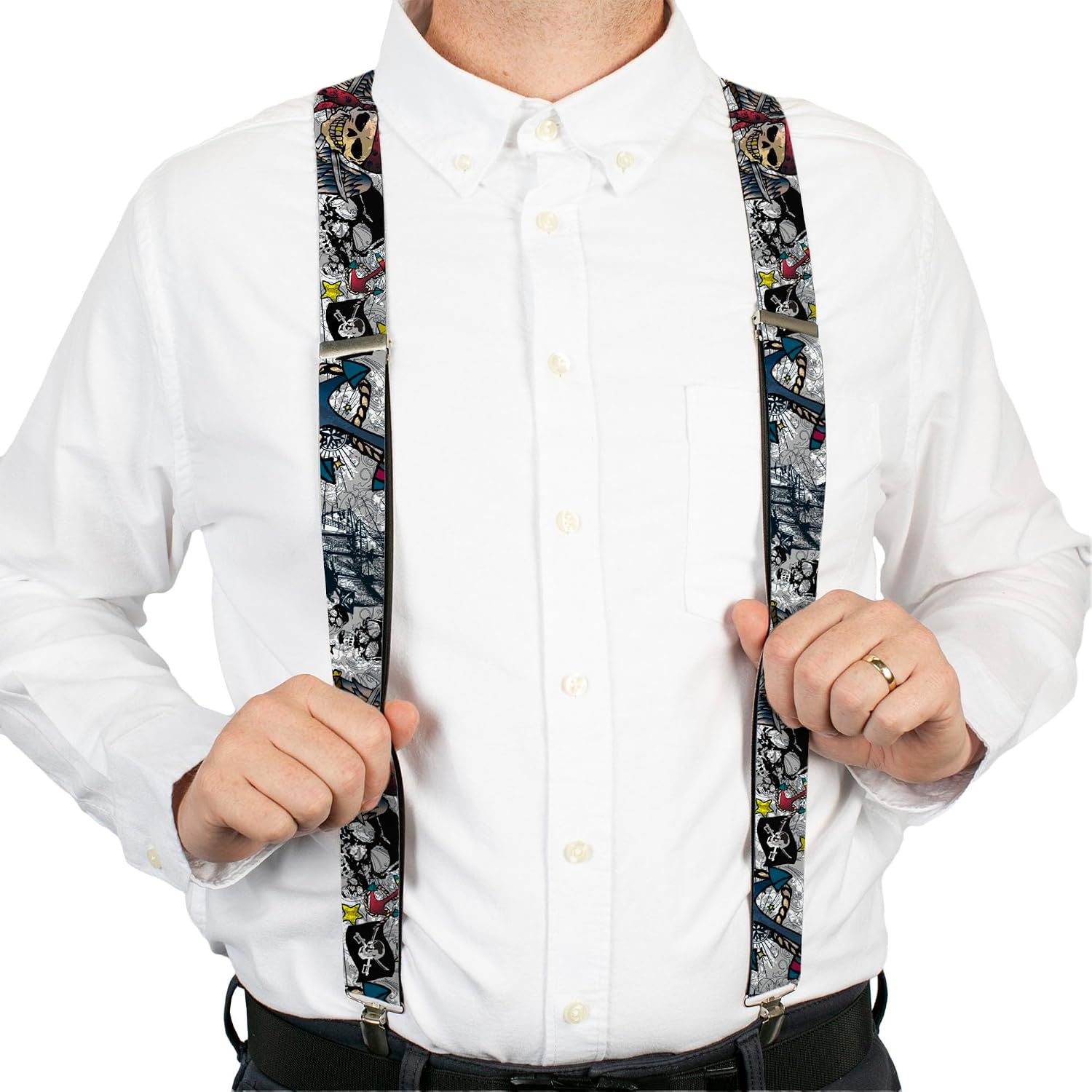 Buckle-Down Suspenders, Dead Men Tell No Tales Close Up White