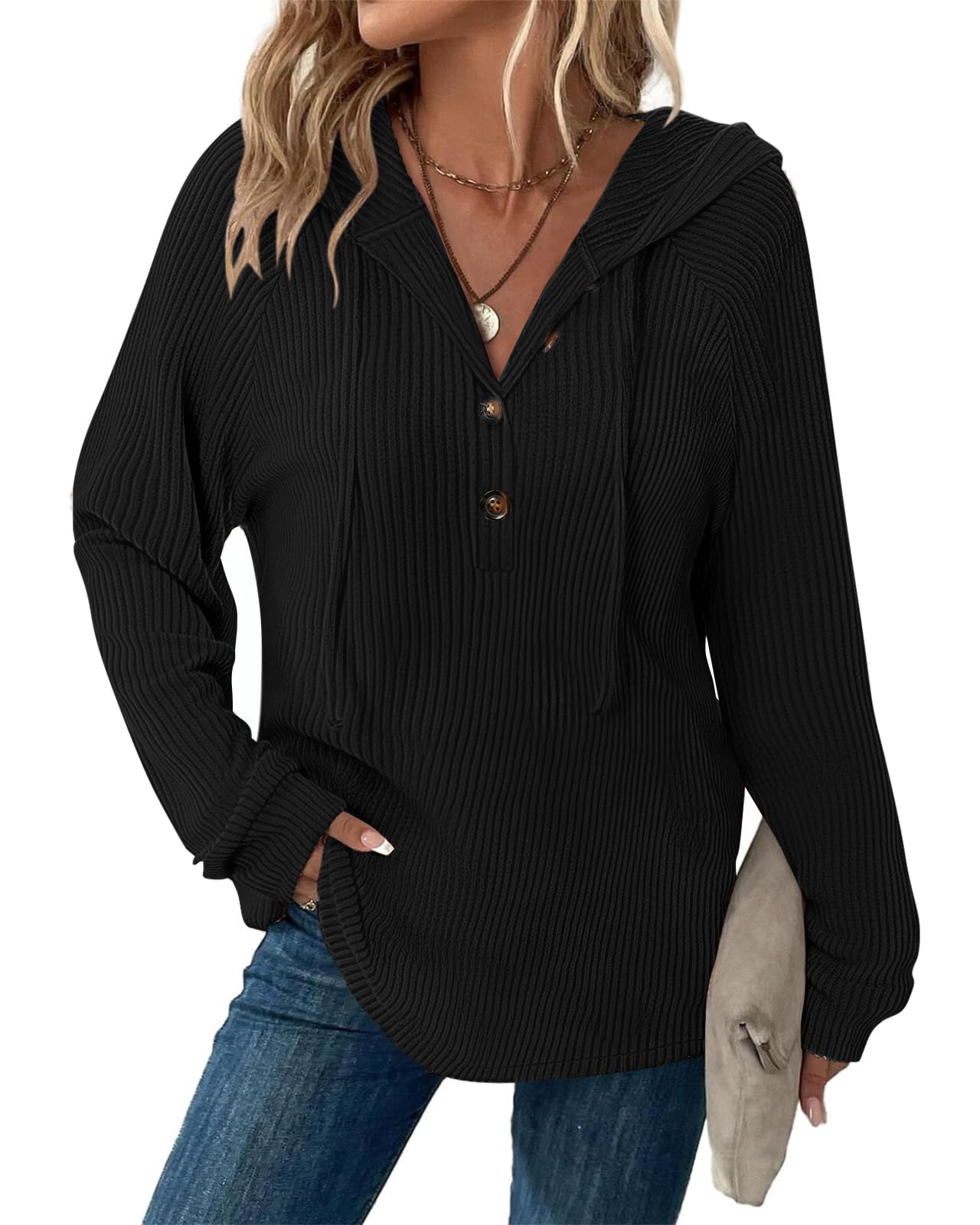RIROW Womens Tops Long Sleeve Hoodies Fuzzy Striped Drawstring Hooded Shirts 2025 New S-3XL