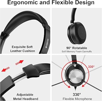 Voistek Wired USB Headset with Microphone for Laptop PC, 3-in-1 Type-C/USB-A/3.5mm Jack, On-Ear Computer Headphones with Noise Cancelling Mic & In-line Controls for Office Work Calls, Zoom, Teams