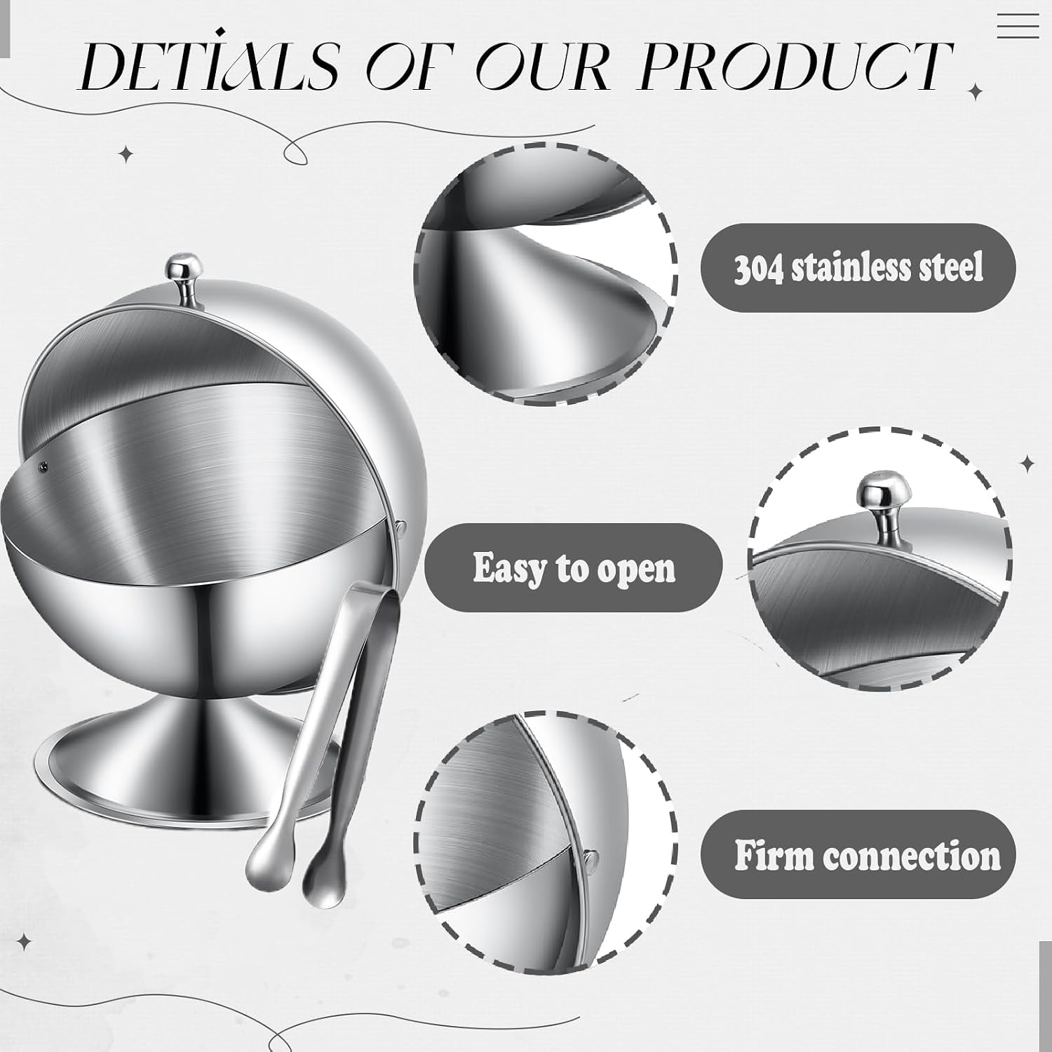Sugar Bowl with Roll Top Stainless Steel Spherical Candies Bowl,sugar container,sugar cube holder with 4.3 Inch Sugar Tong Stainless Sugar Clip for Kitchen Coffee Bar Beverage Household