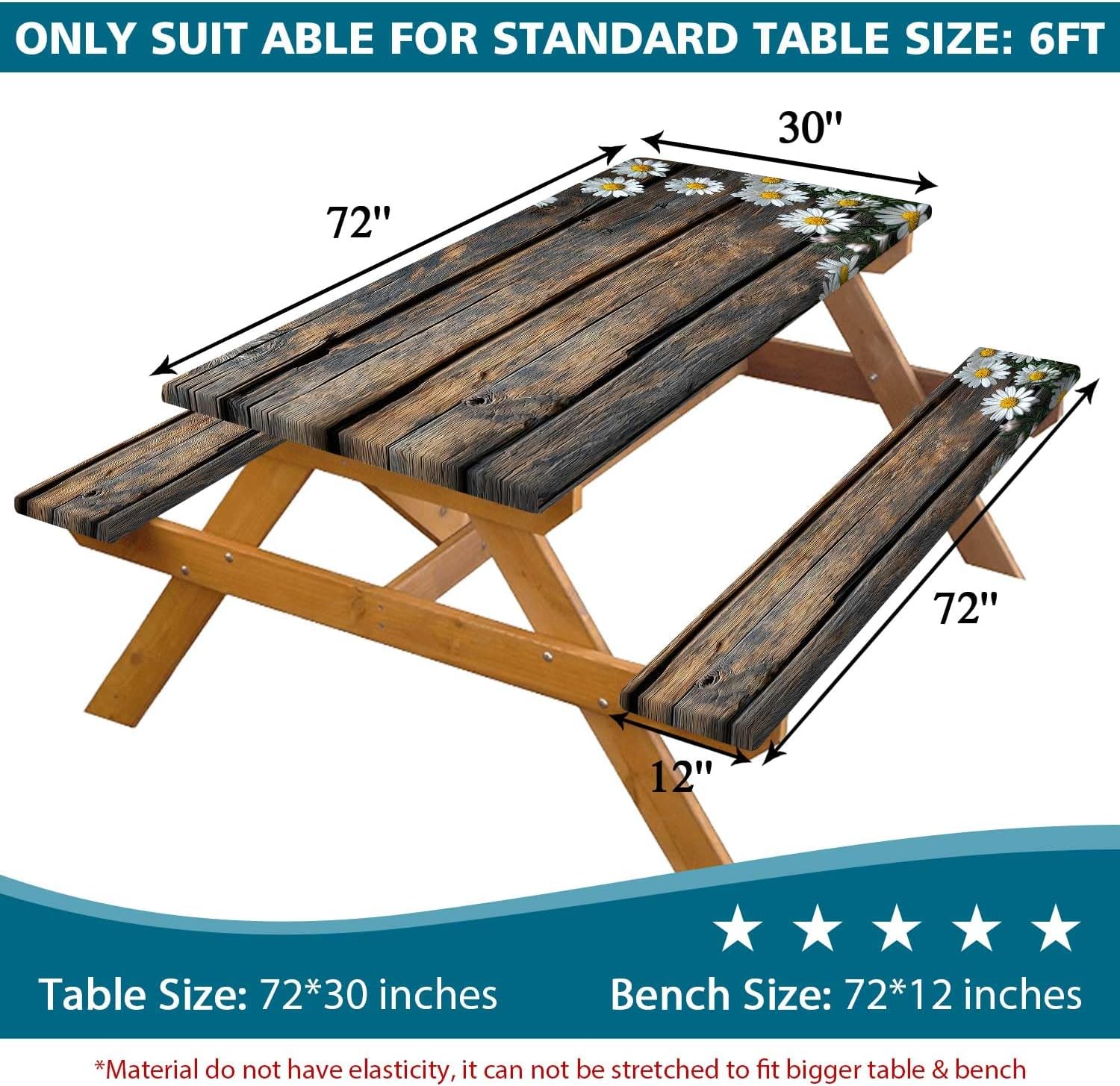 Picnic Table Cover with Bench Cover, Outdoor Patio Camping Essentials Farmhouse Daisy Table Covers with Elastic Waterproof Camping Tablecloth with Drawstring Bag, 72In 3PCS - Image 2