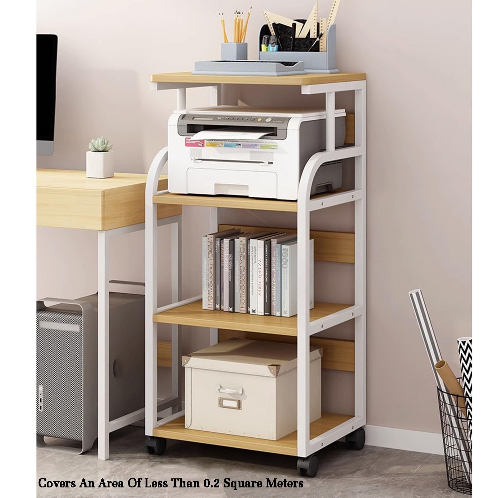 Druckerständer, 4-stufiges bodenstehendes Lagerregal, Home-Office-Schreibtisch-Organizer, Lagerregale mit Holztrennwänden for den Schreibtisch im Home-Office(White)