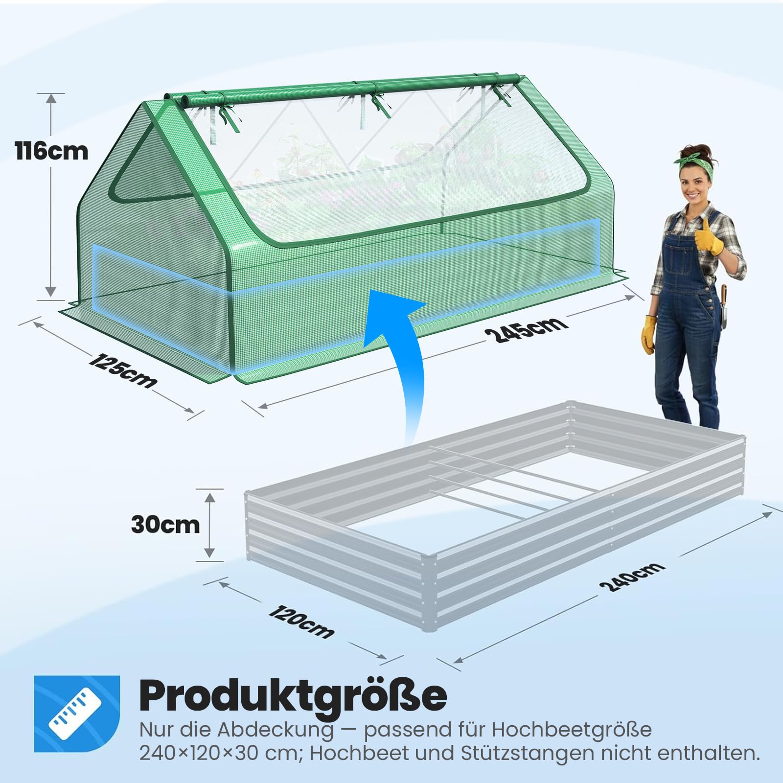 Quictent Hochbeet 240x120x30 cm mit Abdeckung | Ersatzteil, Ersatzabdeckung, rostfrei, Drainage, einfache Montage, wetterfest, Grün-Transparent, 2 Reißverschlussfenster