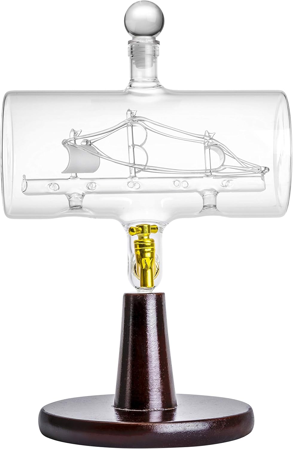 'Magellan' Whiskey Decanter 38 Ounce - Large Handmade Liquor Dispenser with Ship Inside, Wooden Stand and Bar Funnel