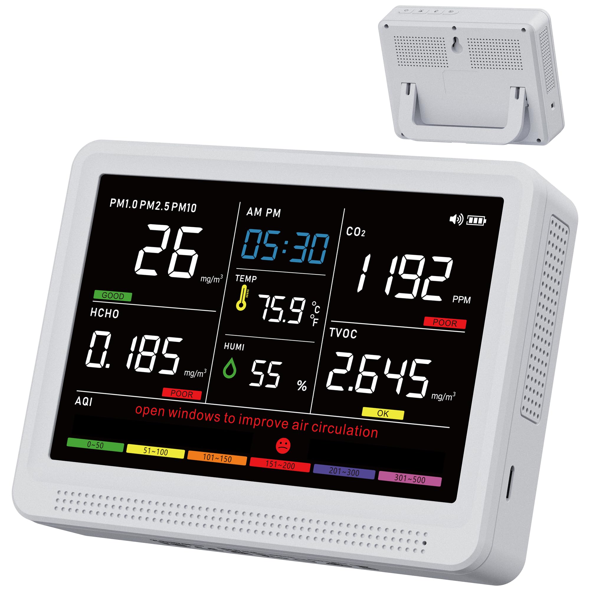 bonoch 16-en-1 Appareils Mesurant Qualité Air Intérieur avec Batterie 10h & Écran 5,5", 9 AQI + 7 Alertes, Détecteur de COV, CO2, PM2.5, PM1.0, PM10, HCHO, Température/Humidité & Heure-Blanc