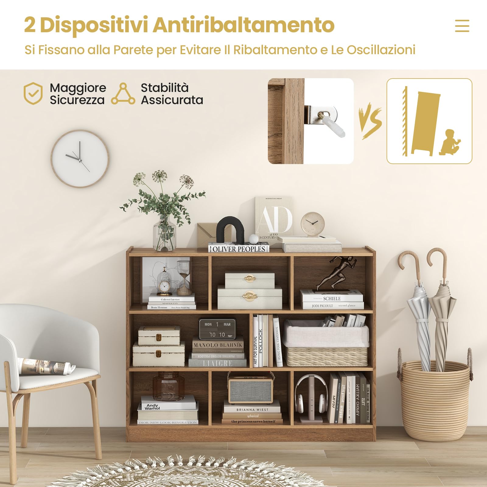 GYMAX Libreria a Cubi in Legno, Scaffale Aperto a 3 Livelli con 8 Cubi, Libreria Scaffale Espositore per Soggiorno, Camera da Letto, Cameretta, Angolo di Lettura, 122 x 32 x 93 cm (Naturale)