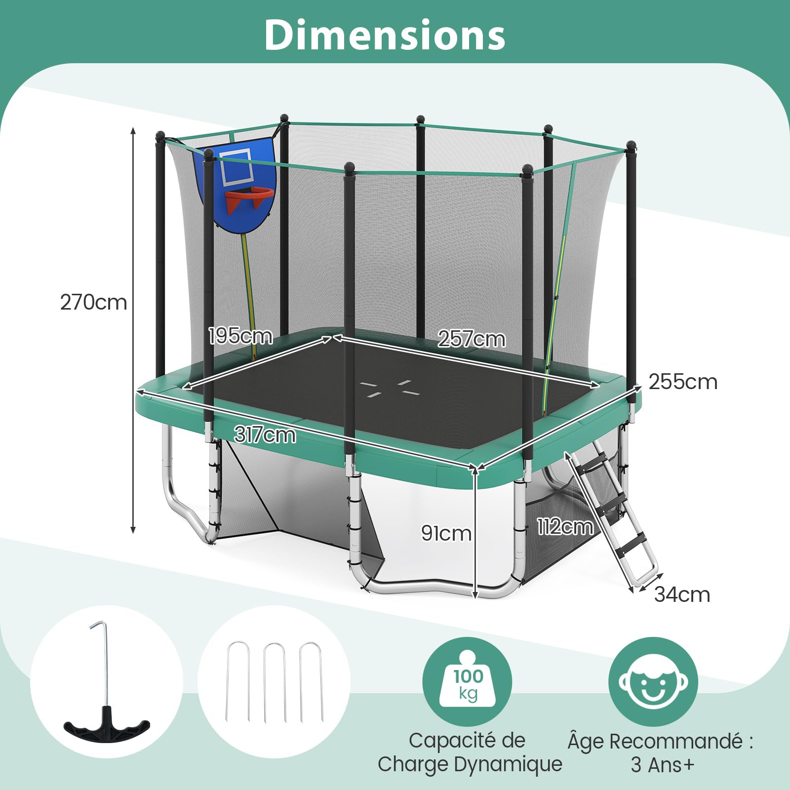 COSTWAY Trampoline Exterieur Enfant Adulte 317x255 cm, Panier de Basketball, But de Football, Échelle, Trampoline Rectangulaire, 68 Ressorts, 2 Portes Zippées, Boucles de Sécurité, pour 3 Ans+