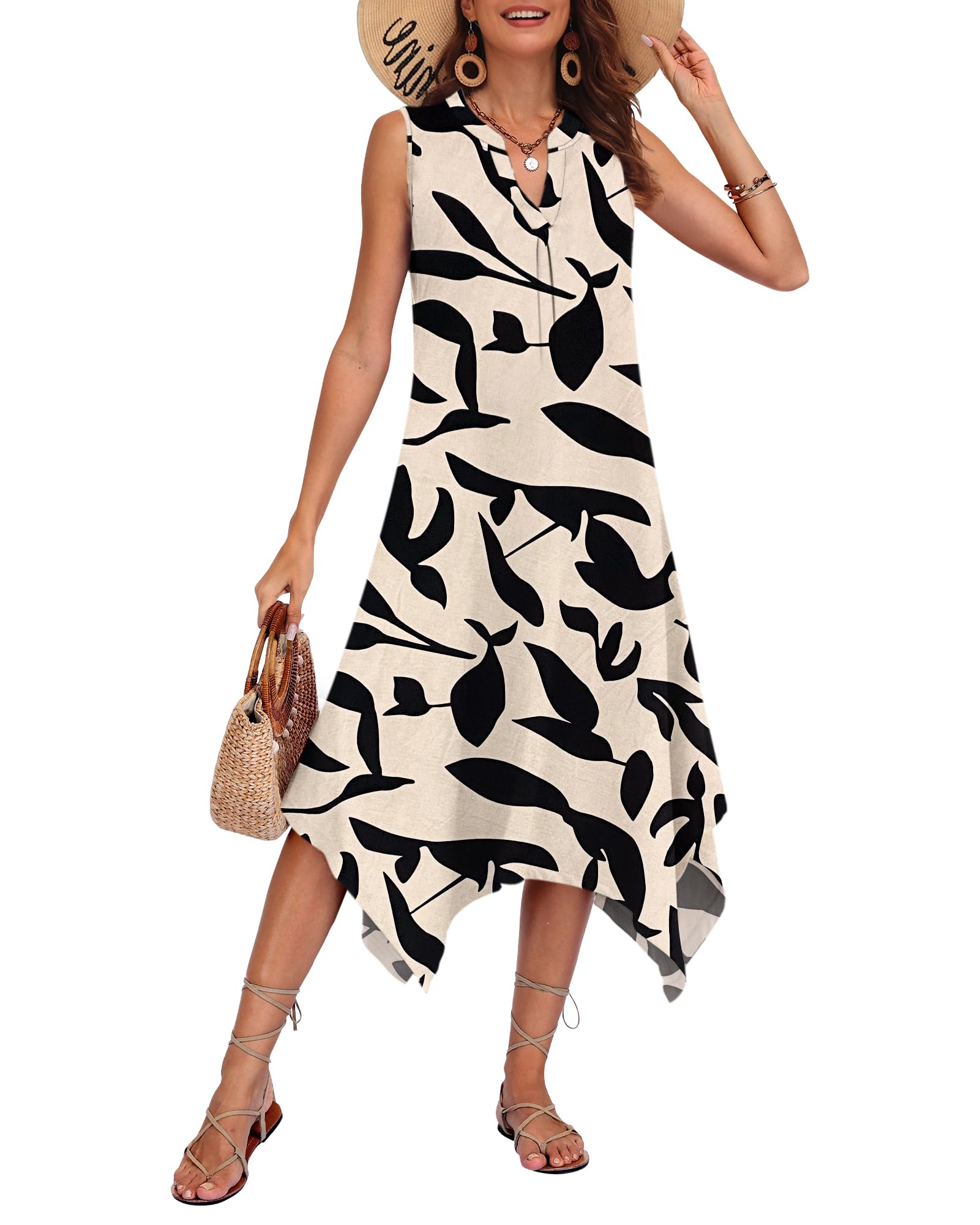 AUSELILY Womens Summer Midi Dress V Neck Sleeveless Casual with Pockets