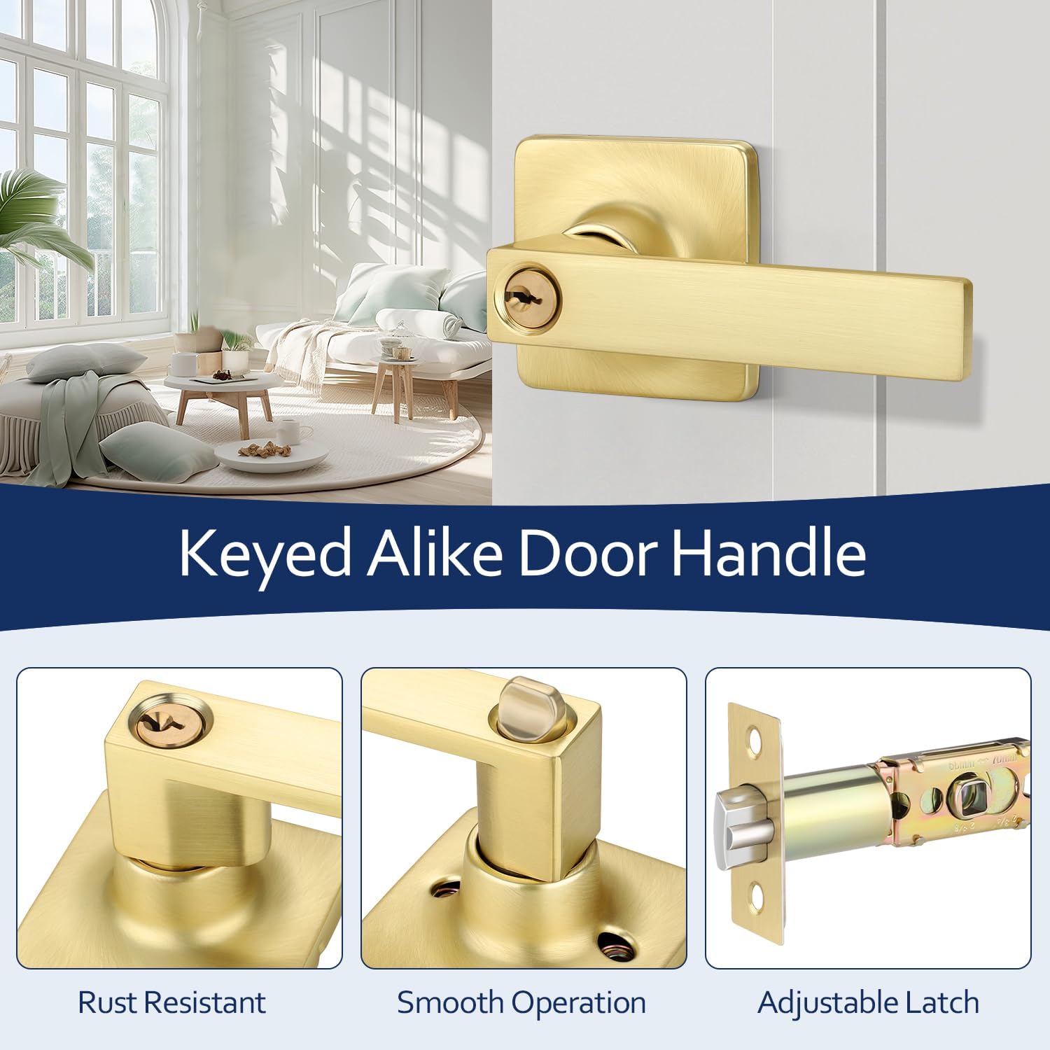 6 Pack Satin Brass Door Handle, Interior Door Handle with Lock, Keyed Alike Entry Door Knob, Contemporary Gold Lever Door Handle, Reversible for Left/Right Doors