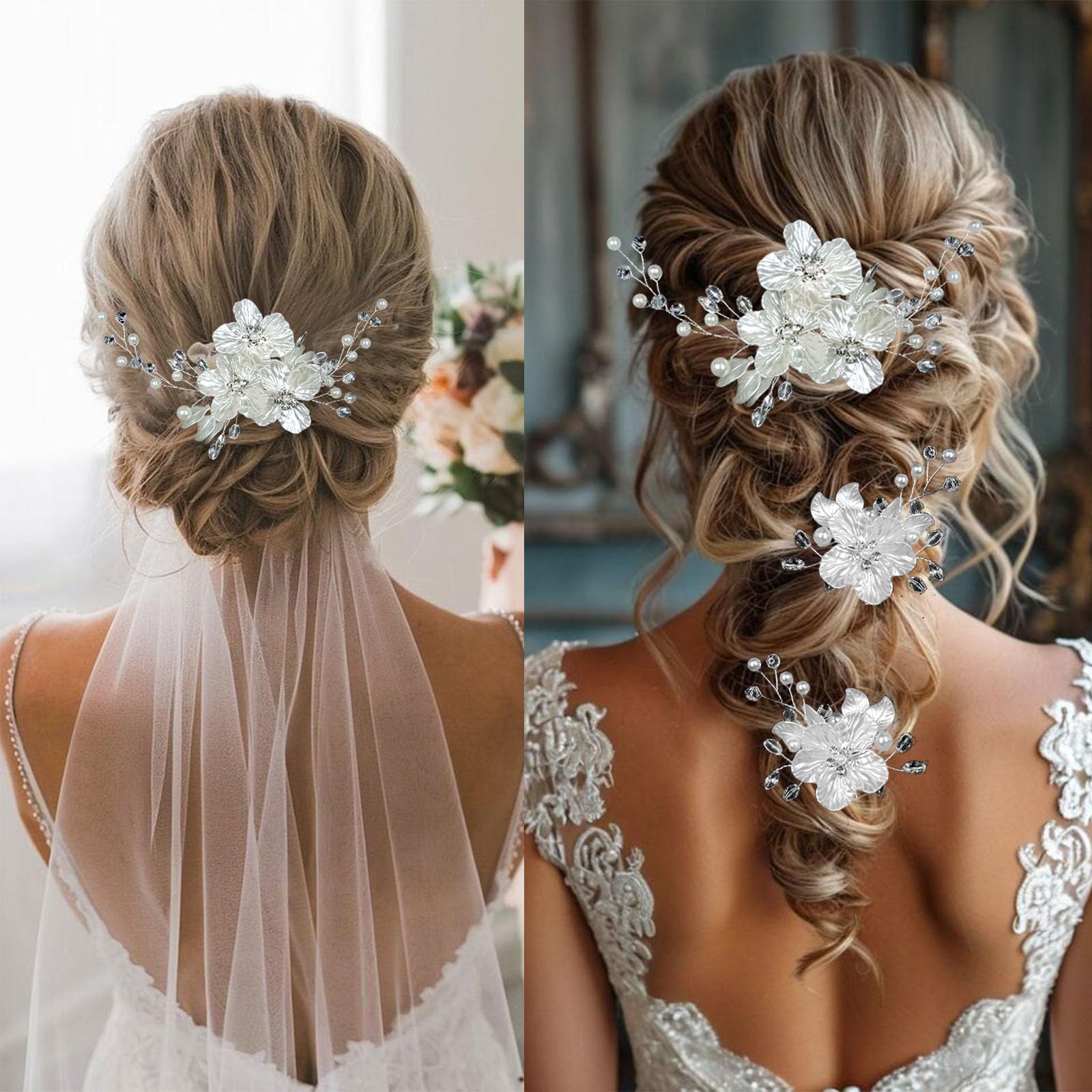 3 forcine per capelli da sposa con perle di cristallo, accessori per capelli da sposa, gioielli con strass, glitter in rilievo fiore bianco