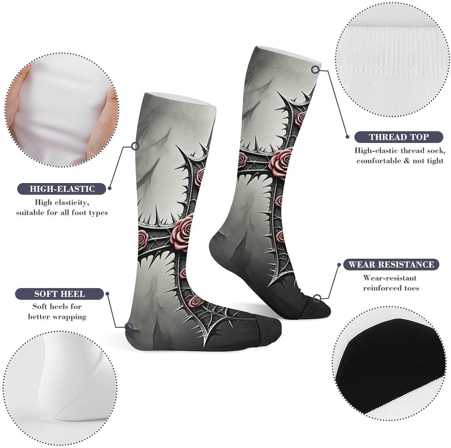 Gothic Christian Cross Knee High Soccer Socks Moisture Wicking