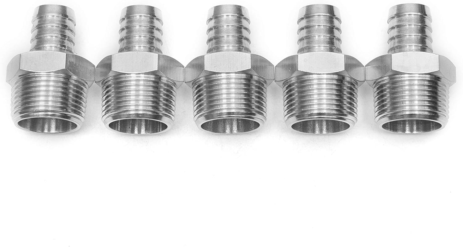 LTWFITTING Bar Production Stainless Steel 316 Barb Fitting Coupler/Connector 3/4" Hose ID x 1" Male NPT Air Fuel Water (Pack of 5)