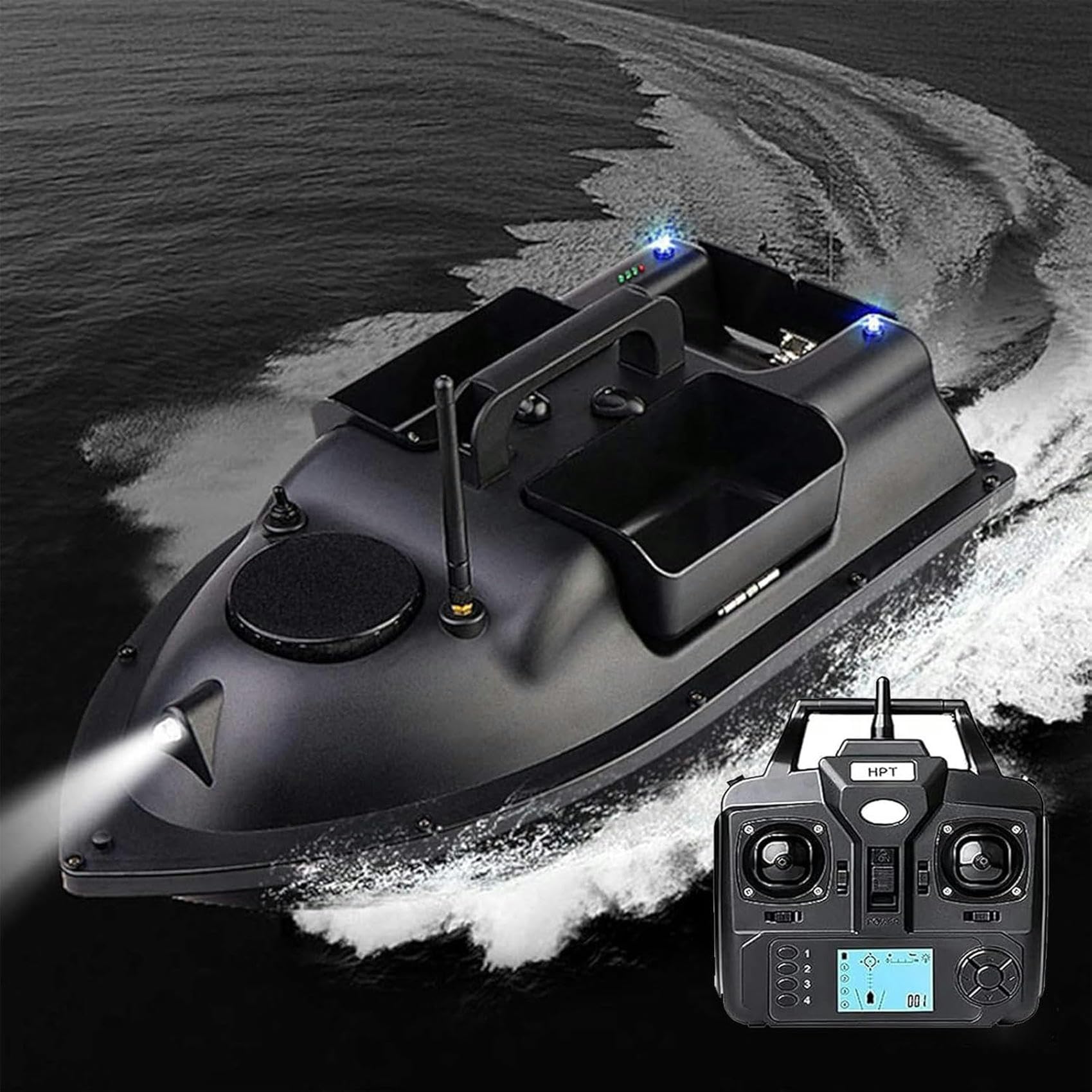 Bateau amorceur de pêche RC à trois hoppers pour sessions nocturnes en grand lac