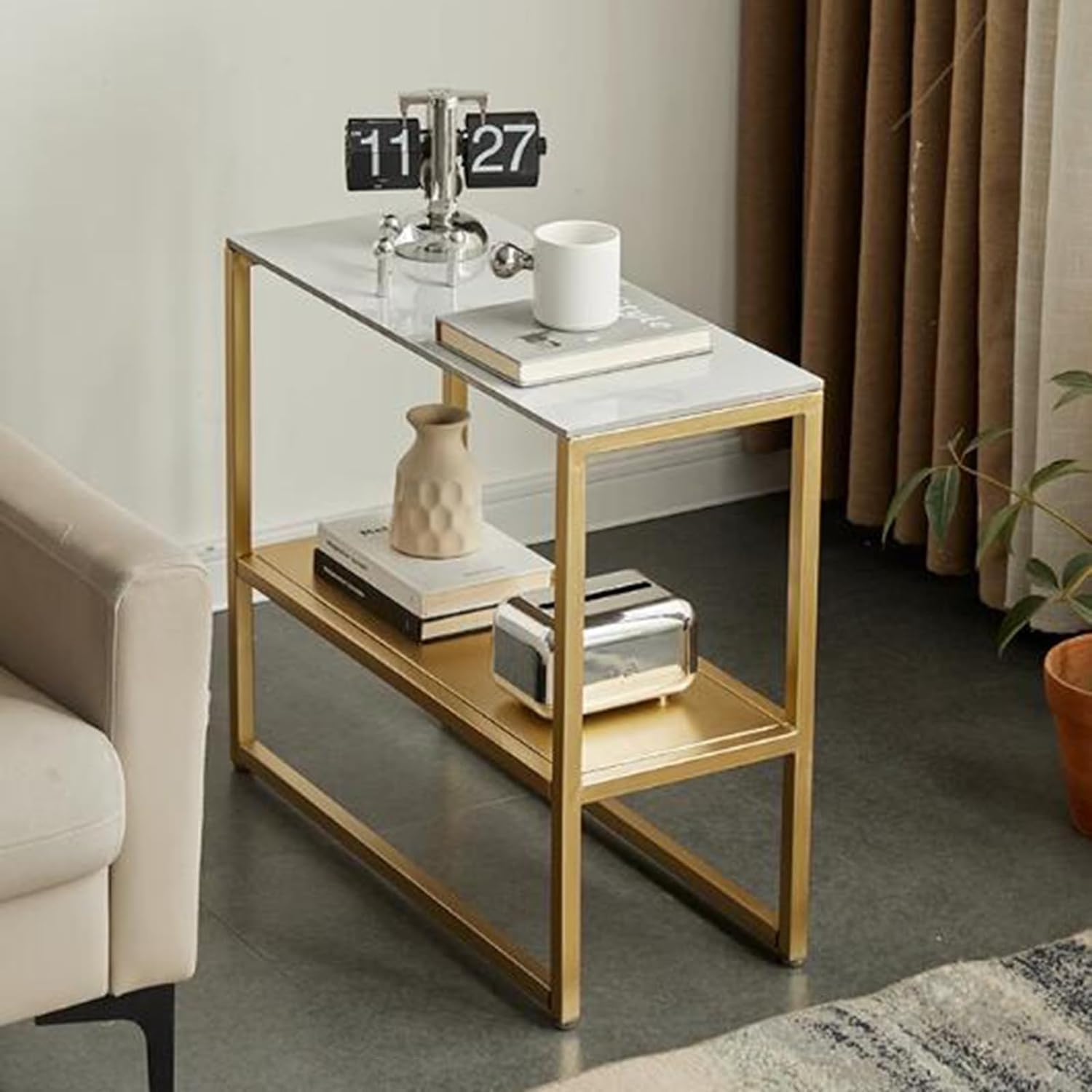 Aimery Office End Table Square Sofa Side Table, Living Room Coffee Table with Iron Shelves, Simple 2 Tier Decorative Snack Table, Rock Slab Top End Table (Color : A, Size : 65 * 28 * 57CM)