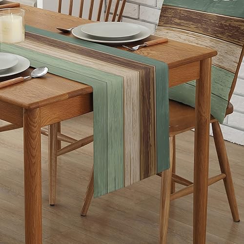 Miniatura 340 de Camino de mesa de algodón y lino estilo granja rústico retro, textura de madera de granero, color degradado marrón y gris, antideslizante,