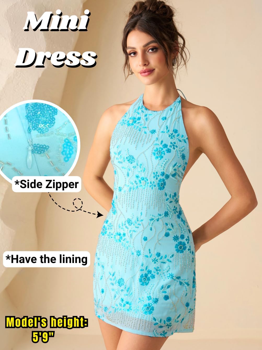 Condition photo showing New/Like New for ehsuyab women 2000s beaded mini dress backless,sparkly sequin rhinestone floral embellished dresses,homecoming cocktail party blue small
