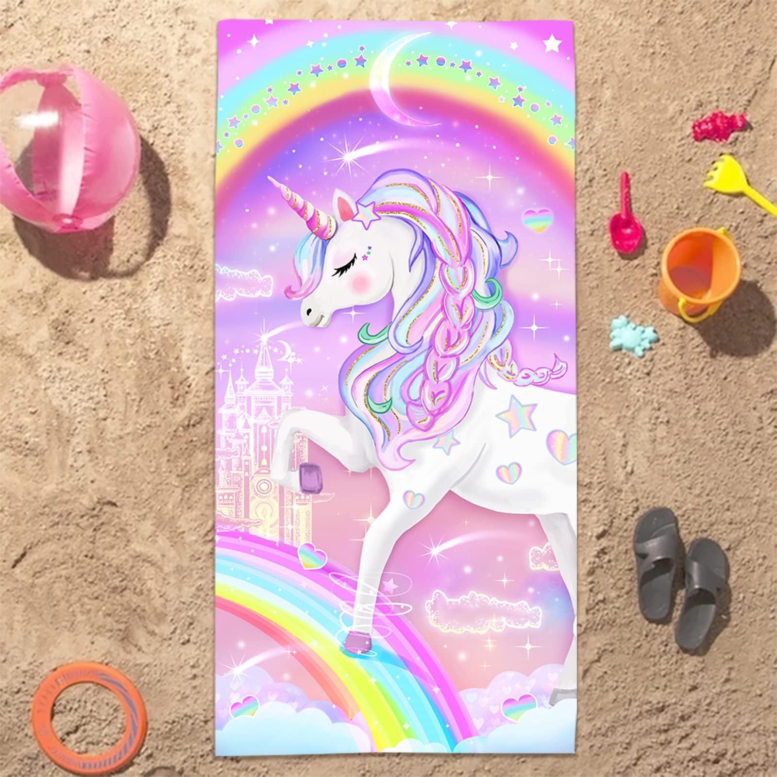 Super Cute Unicorn Beach Towel For Girls & Teens - Pink Rainbow Design, Quick Dry, Sand Proof, 30 X 60 Inches - View #12