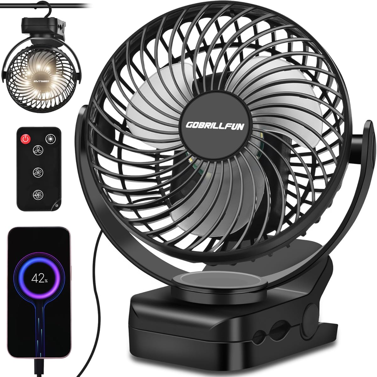 6-inch 12000mAh Battery Operated Portable Clip Fan with Remote, 9 LED Lights, USB Rechargeable Fan with 3 Speeds, Power Bank Feature, Personal for Home, Office, RV, Outdoor Camping